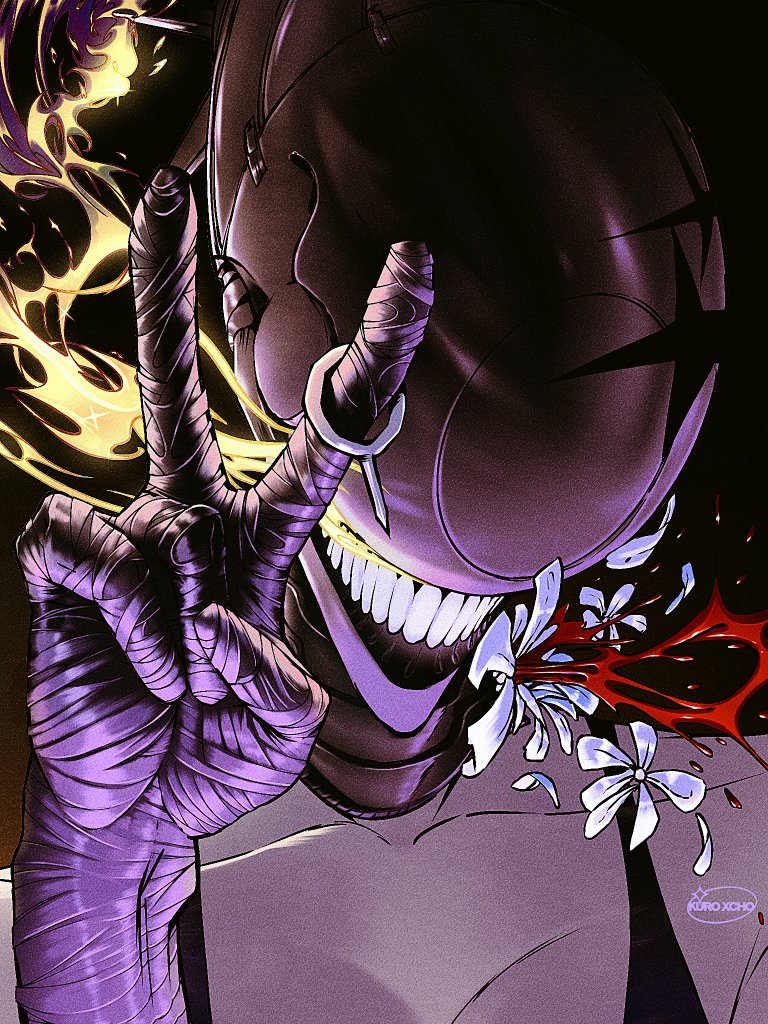 kuroxcho, bomb devil (chainsaw man), chainsaw man, 1girl, artist name, bandaged arm, bandages, black background, black tank top, blood, bomb, collarbone, explosive, facing viewer, falling petals, fire, flower, grenade pin, hand up, object head, petals, portrait, simple background, solo, tank top, teeth, v, white flower, white petals