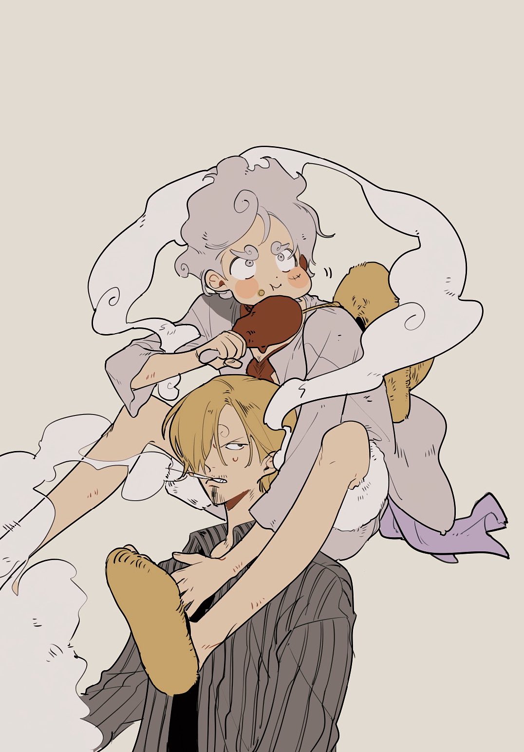 numata (oioioioiai), monkey d. luffy, sanji (one piece), one piece, highres, 2boys, black shirt, blonde hair, boned meat, cigarette, collared shirt, eating, food, gear fifth, male focus, meat, multiple boys, necktie, shirt, smoke, smoking, white hair