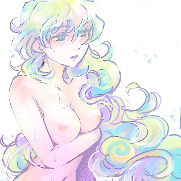 taira momen, nia teppelin, tengen toppa gurren lagann, + +, 00s, 1girl, blush, breasts, completely nude, cross-shaped pupils, earrings, female focus, jewelry, long hair, multicolored hair, nipples, nude, solo, symbol-shaped pupils, very long hair