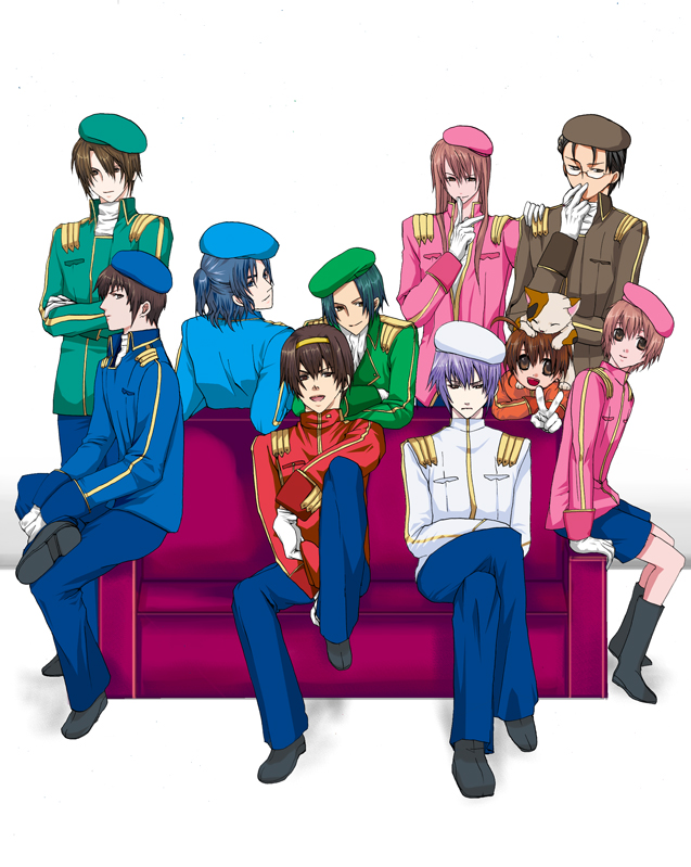 kaz10, asahina mitsuru, asahina mitsuru (adult), asakura ryo, koizumi itsuki, kyon, kyonko's brother, nagato yuuki, shamisen (suzumiya haruhi), student council president (suzumiya haruhi), suzumiya haruhiko, tsuruya, tsuruya-senpai, suzumiya haruhi no yuuutsu, suzumiya haruhiko no yuuutsu, the day of sagittarius, 00s, 6+boys, aged up, beret, calico (pattern), calico cat, cat, couch, genderswap, genderswap (ftm), hat, male focus, military, military uniform, multiple boys