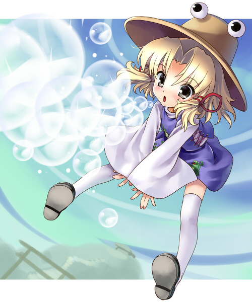 katahira masashi, moriya suwako, touhou, 1girl, :o, blonde hair, brown eyes, bubble, child, female focus, full body, hair ribbon, hat, long sleeves, ribbon, short hair, sleeves past wrists, solo, thighhighs, v arms, white thighhighs, wide sleeves