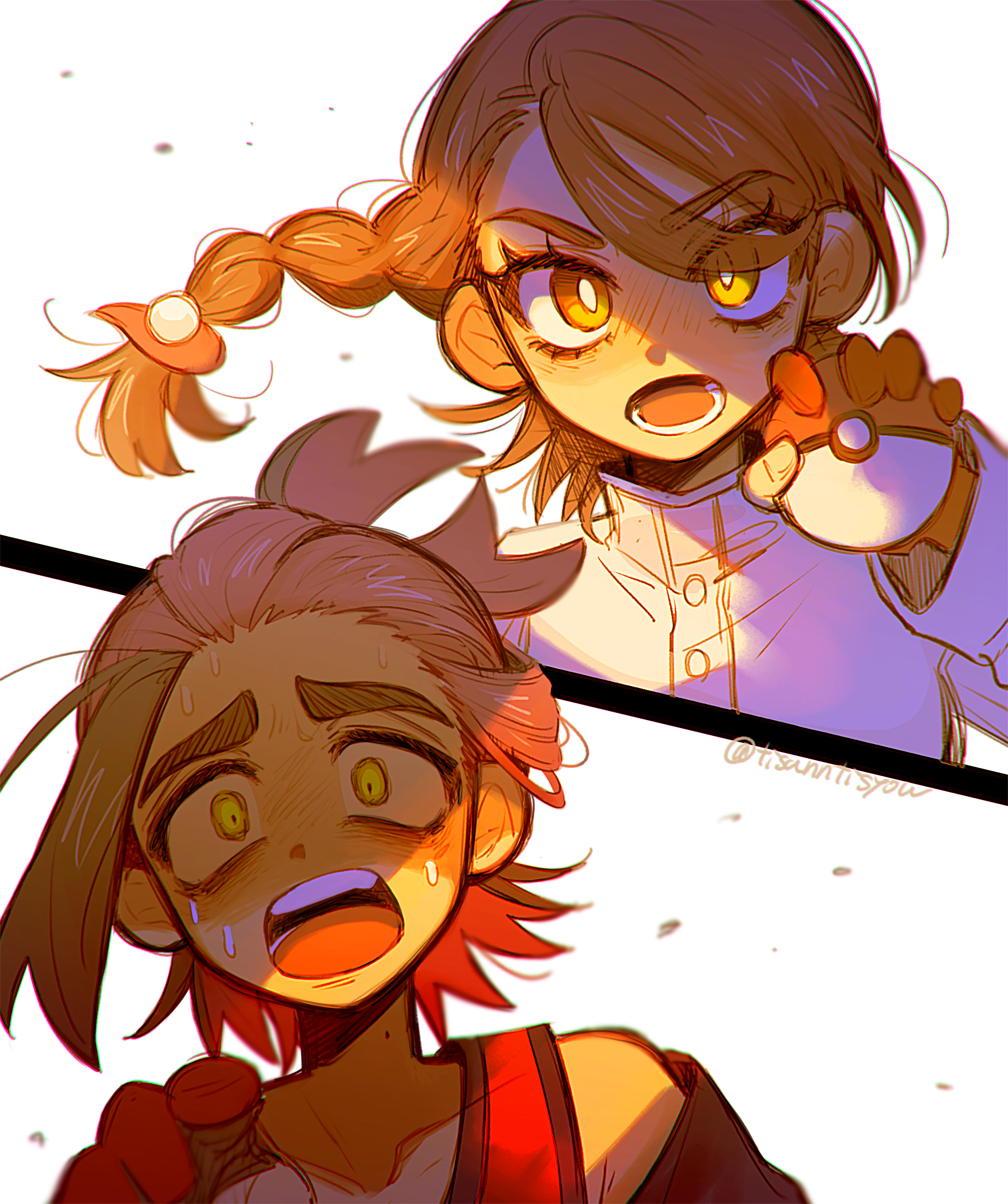 tisanntisyou, juliana (pokemon), kieran (pokemon), nintendo, pokemon, pokemon sv, absurdres, highres, 1boy, 1girl, bare shoulders, black hair, braid, brown eyes, brown hair, furrowed brow, gloves, holding, holding poke ball, jacket, loose hair strand, lower teeth only, mole, mole on neck, multicolored hair, partially fingerless gloves, pointing, poke ball, poke ball (basic), ponytail, purple hair, red tank top, shouting, single braid, sweat, tank top, teeth, thick eyebrows, turtleneck, turtleneck jacket, two-tone hair, upper teeth only, white background, wind, wind lift, yellow eyes