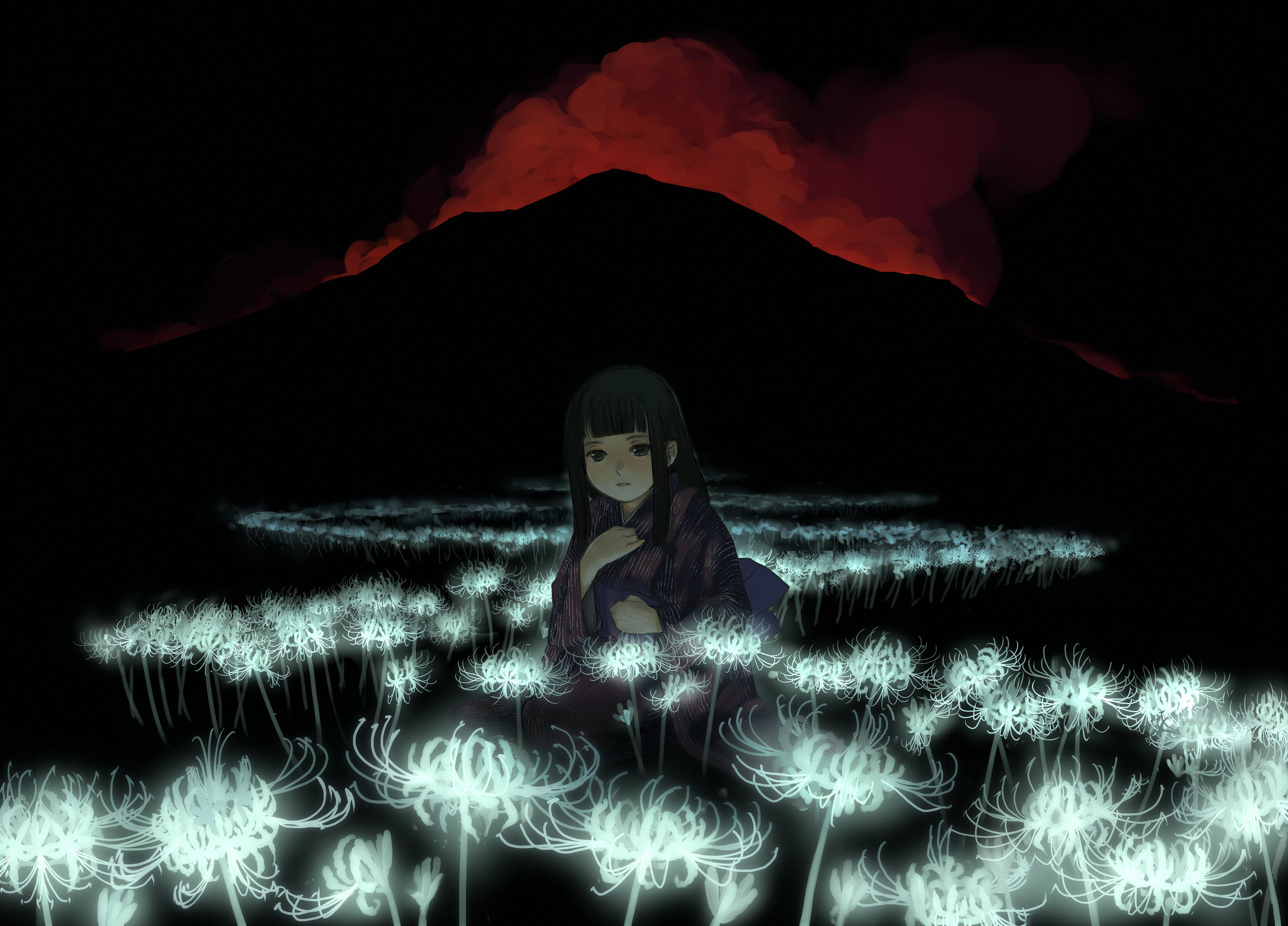 irie (artist), irie io, original, absurdres, highres, 1girl, dark, female focus, flower, landscape, red flower, solo, spider lily, white flower, white spider lily