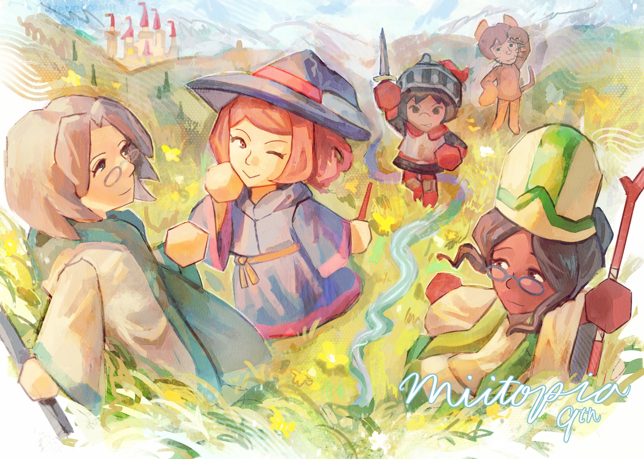 revercemii, mii (nintendo), miitopia, nintendo, highres, 2boys, 2girls, 3boys, 3girls, animal ears, anniversary, black hair, blue robe, brown eyes, brown hair, castle, cat boy, cat ears, closed mouth, dark-skinned female, dark-skinned male, dark skin, dress, glasses, gloves, grass, grey hair, happy anniversary, hat, helmet, holding, holding staff, holding sword, holding wand, holding weapon, knife, knight, long hair, mage staff, multiple boys, multiple girls, one eye closed, outdoors, purple robe, red gloves, red hair, robe, short hair, smile, staff, sword, tail, wand, warrior, watercolor effect, weapon, white hair, witch hat, wizard, wizard hat