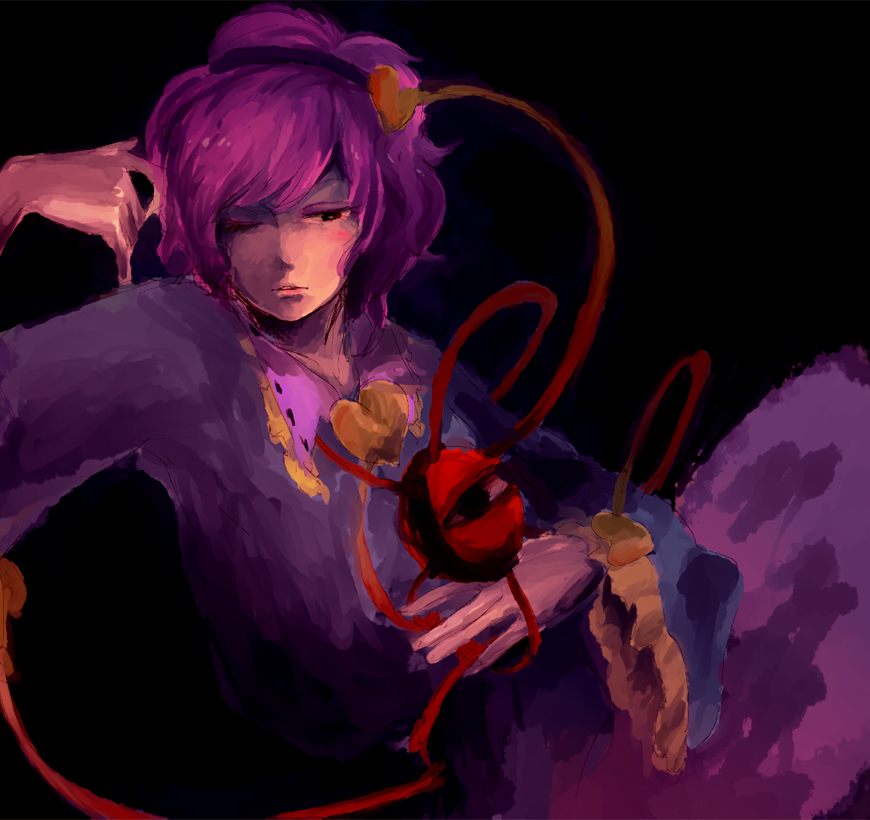 aka, komeiji satori, touhou, bad id, bad pixiv id, 1girl, dark, dress, female focus, hairband, heart, one eye closed, pink hair, short hair, solo, wink