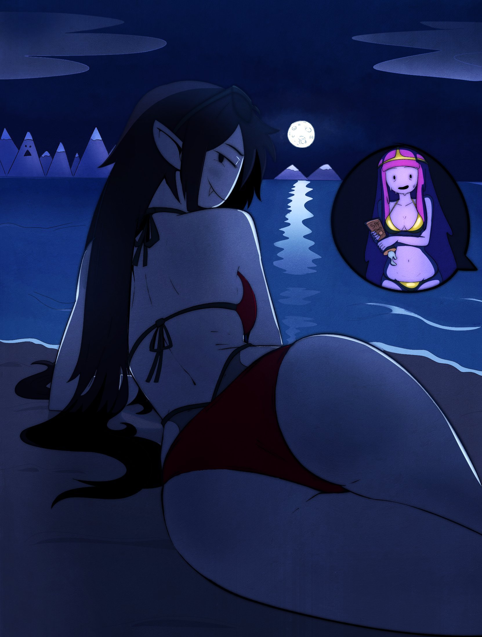 marceline abadeer, princess bonnibel bubblegum, adventure time, highres, self-upload, 2girls, ass, ass focus, beach, bikini, breasts, chaossus, full moon, gold bikini, goth fashion, long hair, lotion, moon, mountainous horizon, multiple girls, nervous smile, nervous sweating, night, night sky, ocean, red bikini, sky, smile, solo focus, sunglasses, sunscreen, sweat, swimsuit, waves, yuri