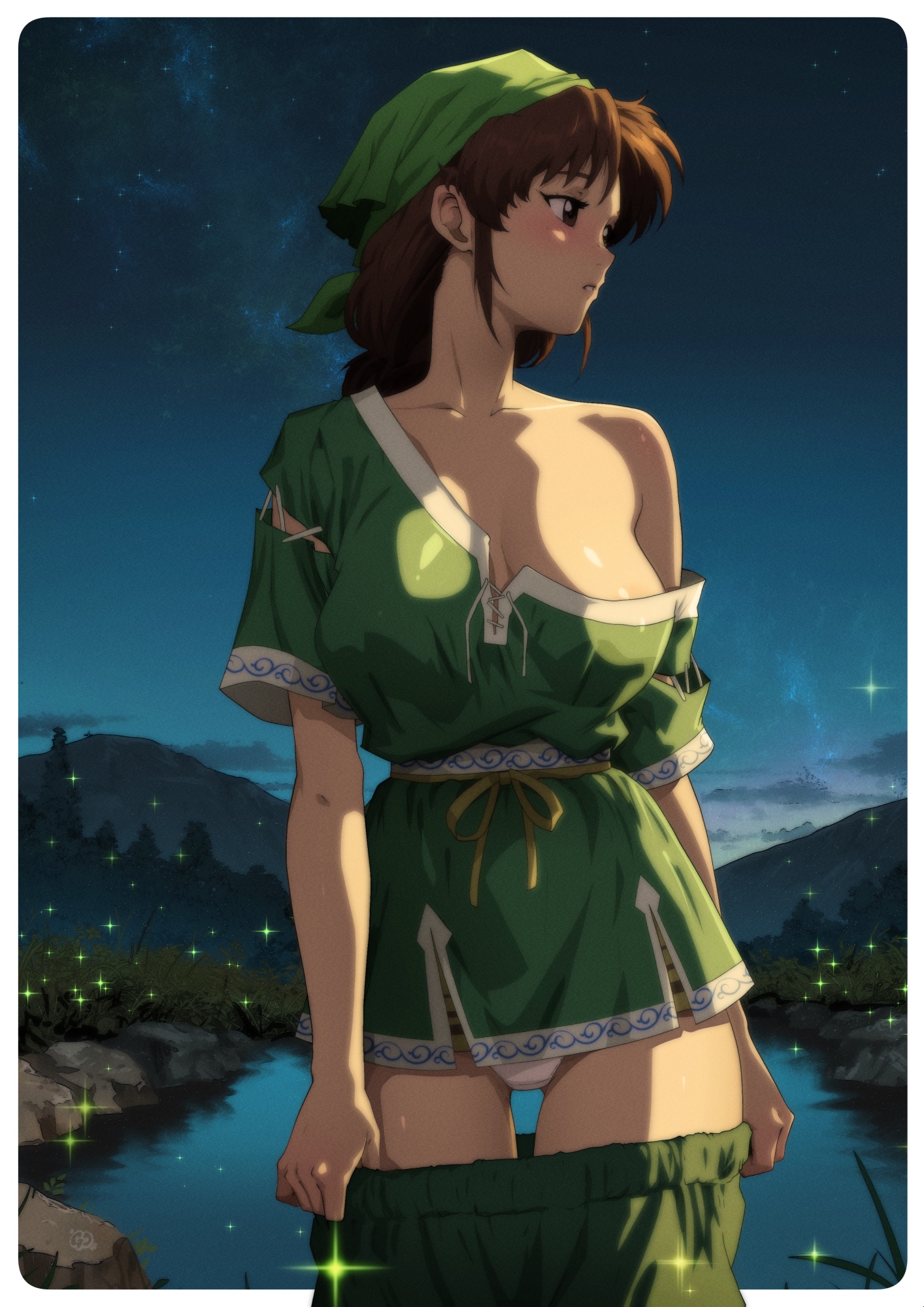 gravydood, ling shen hua, shenmue, shenmue iii, commission, highres, second-party source, 1girl, artist logo, bandana, blush, breasts, brown eyes, brown hair, chinese clothes, clothes pull, cowboy shot, dusk, fireflies, grass, green bandana, green pants, green shirt, large breasts, logo, long hair, looking to the side, mountainous horizon, off shoulder, open mouth, outdoors, pants, pants pull, parted bangs, pond, rock, shirt, sidelocks, sky, solo, star (sky), starry sky, thighs, tree, undressing, waist ribbon