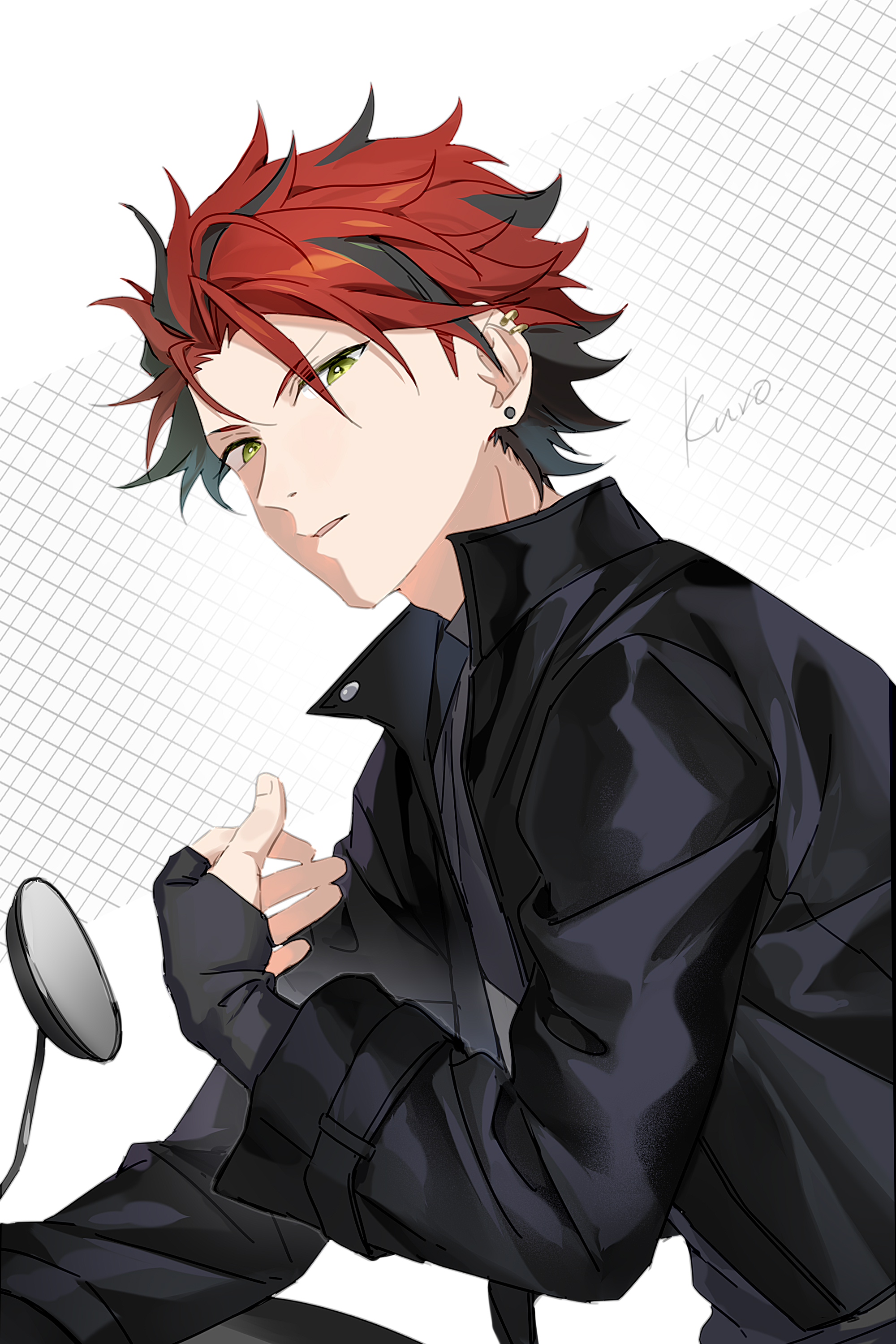 dreonya, kiryu kuro, ensemble stars!, absurdres, highres, 1boy, black gloves, black hair, black jacket, character name, fingerless gloves, fingernails, gloves, green eyes, hand up, jacket, long sleeves, looking at viewer, male focus, multicolored hair, parted lips, red hair, short hair, side-view mirror, solo, streaked hair, two-tone hair, upper body, white background