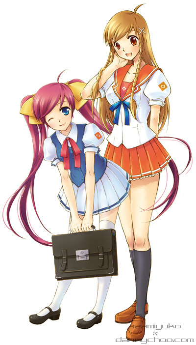azami yuuko, danny choo, suenaga haruka, suenaga mirai, culture japan, 2girls, bag, blue eyes, braid, brown hair, hair ornament, hairclip, kneehighs, leaning forward, long hair, multiple girls, one eye closed, pink hair, red eyes, satchel, school bag, school uniform, serafuku, siblings, sisters, skirt, smile, socks, thighhighs, twin braids, twintails, very long hair, watermark, white thighhighs, wink, zettai ryouiki