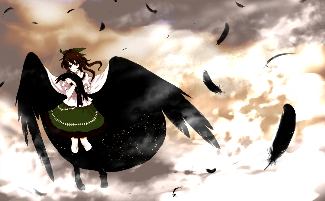 hayatagaci, reiuji utsuho, touhou, bad id, bad pixiv id, 1girl, feathers, female focus, outdoors, sky, solo