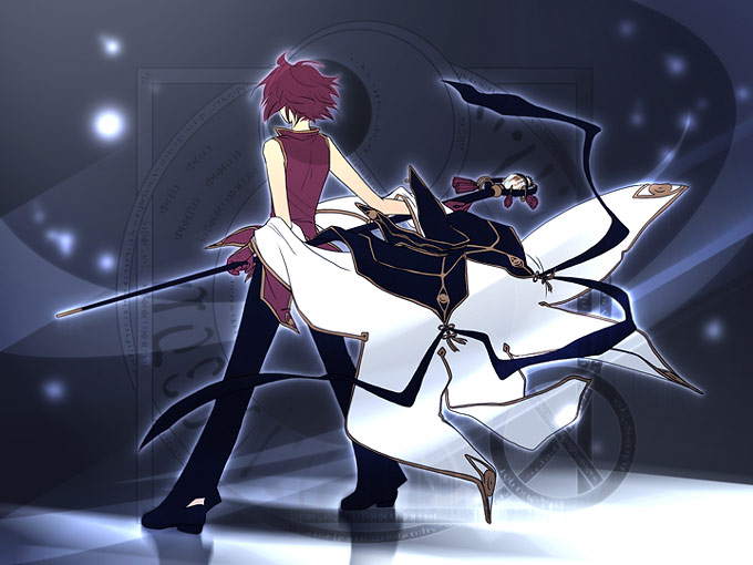 wizard (ragnarok online), ragnarok online, commentary request, 1boy, black capelet, black pants, black shoes, cape, capelet, capelet removed, dated commentary, from behind, full body, gloves, grey background, holding, holding staff, magic circle, male focus, oomojiya, pants, red gloves, red hair, red shirt, shirt, shoes, short hair, sleeveless, sleeveless shirt, solo, staff, standing, unworn cape, white cape