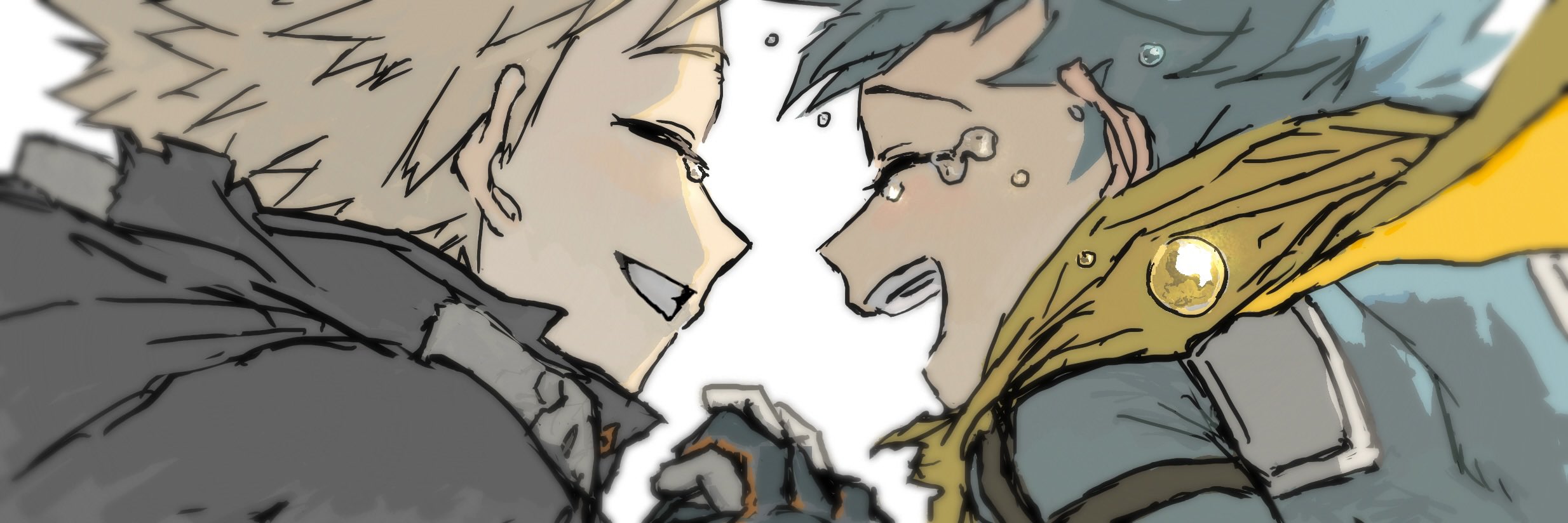 bakugou katsuki, midoriya izuku, boku no hero academia, highres, 2boys, black shirt, blonde hair, canagisaurus, closed eyes, crying, gloves, green hair, green shirt, male focus, multiple boys, open mouth, scarf, shirt, sideways mouth, simple background, superhero costume, tears, teeth, upper teeth only, white background, yellow scarf