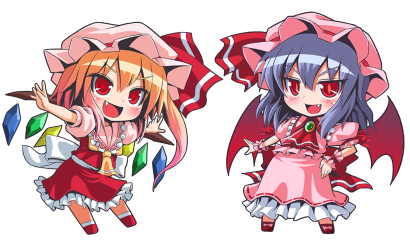 patorishia, patricia (stylish marunage), flandre scarlet, remilia scarlet, touhou, 2girls, bat wings, blonde hair, blue hair, chibi, fang, female focus, hat, multiple girls, red eyes, ribbon, short hair, siblings, side ponytail, sisters, wings
