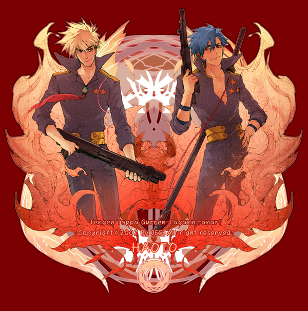 kamina (ttgl), kittan bachika, tengen toppa gurren lagann, uniform, 00s, 2boys, gun, multiple boys, rifle, weapon