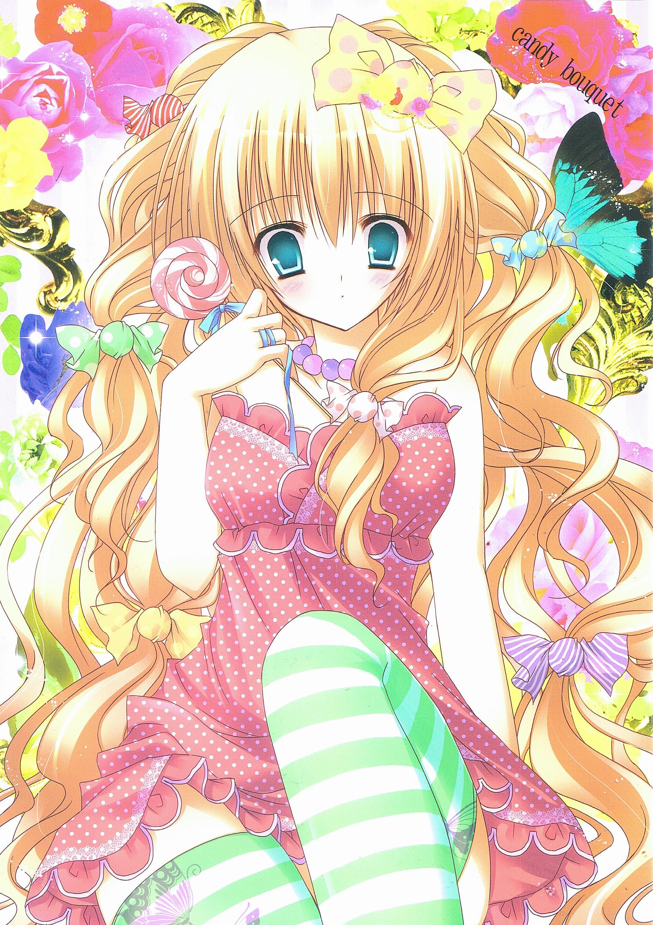 natsuki coco, absurdres, highres, blonde hair, blue eyes, candy, dress, flower, food, food-themed clothes, lollipop, long hair, polka dot, solo, striped clothes, striped thighhighs, swirl lollipop, thighhighs