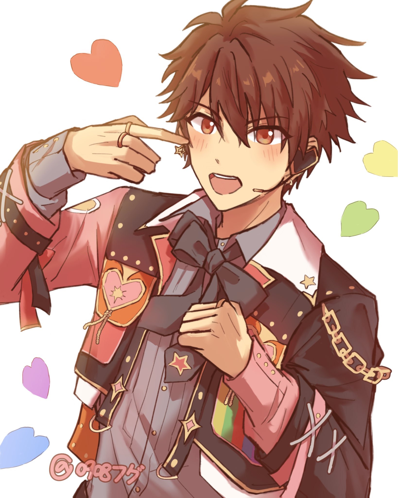 sooo, morisawa chiaki, ensemble stars!, commentary, highres, symbol-only commentary, 1boy, black bow, black bowtie, bow, bowtie, brown hair, chain, clenched hand, collared shirt, earrings, fugu (0908fugu), hands up, headset, heart, jacket, jewelry, long sleeves, looking at viewer, male focus, official alternate costume, open clothes, open jacket, open mouth, ring, shirt, short hair, simple background, star (symbol), teeth, twitter username, upper body, upper teeth only, white background