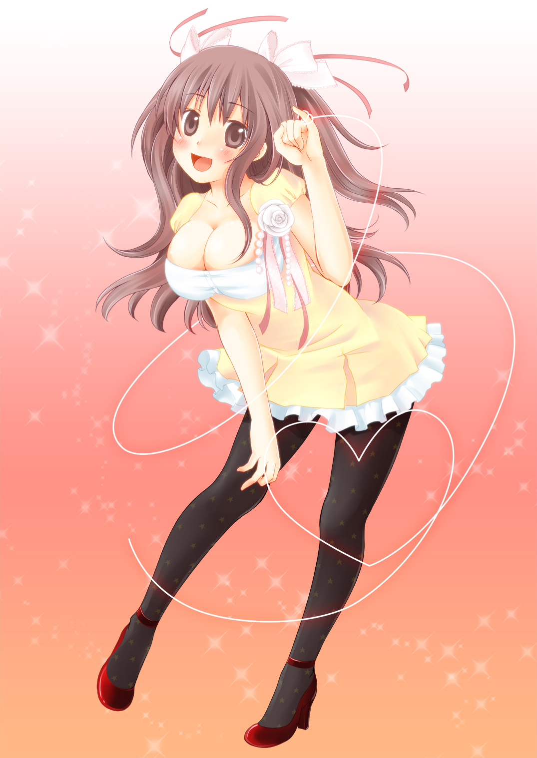 ahira yuzu, original, bad id, bad pixiv id, highres, 1girl, breasts, brown eyes, brown hair, cleavage, dress, female focus, flower, hair ribbon, heart, high heels, large breasts, legs, long hair, pantyhose, print pantyhose, red shoes, ribbon, rose, shoes, smile, solo, sparkle, star (symbol), star print