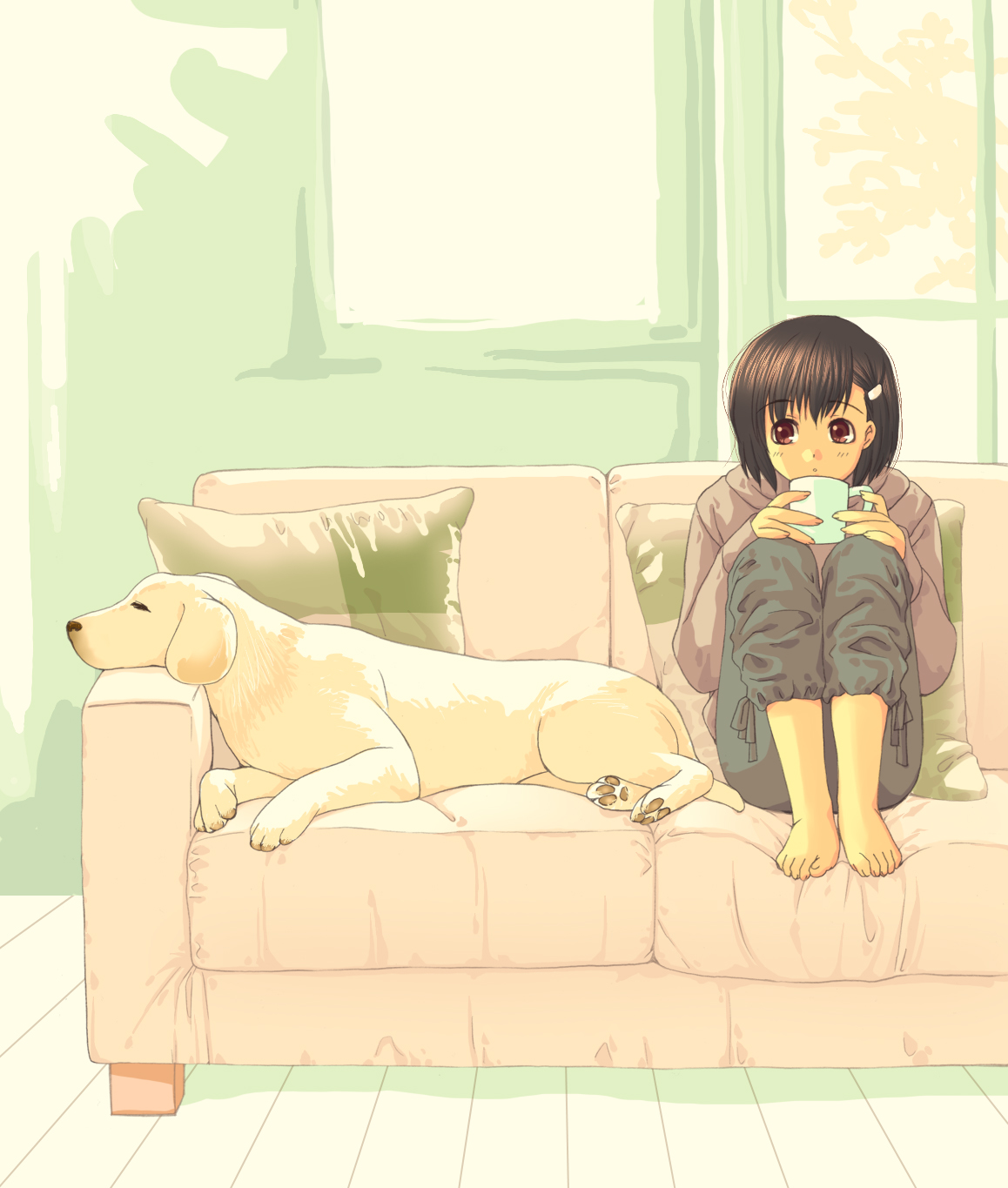 highres, barefoot, couch, cup, dog, drinking, feet, hair ornament, hairclip, pillow, red eyes, sitting, window