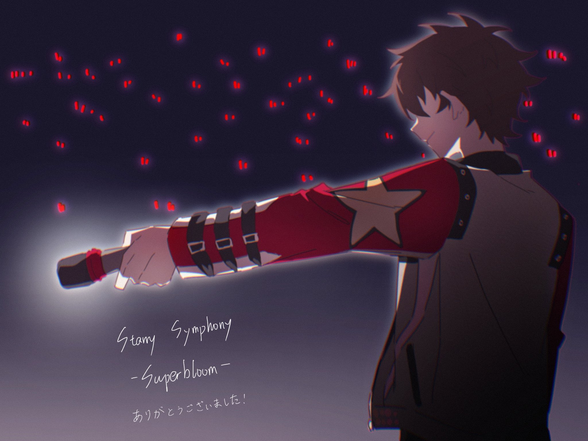 szhr chise, morisawa chiaki, ensemble stars!, highres, 1boy, brown hair, closed mouth, from behind, glowstick, holding, holding microphone, long sleeves, male focus, microphone, outstretched arm, penlight (glowstick), short hair, solo, solo focus, star (symbol), upper body