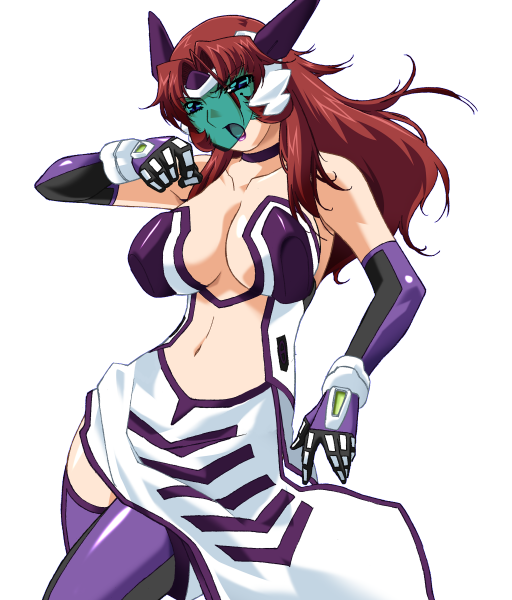 gan-chan (artist), hitozuma sentai aisaiger, game cg, large variant set, non-web source, official art, variant set, 1girl, akanejima ranga, bare shoulders, blue eyes, breasts, brown hair, center opening, choker, cleavage, covered erect nipples, dress, elbow gloves, face shield, gloves, headgear, large breasts, lipstick, long hair, magical girl, makeup, midriff, navel, open mouth, purple lips, purple thighhighs, red hair, saiger orchid, solo, thighhighs, transparent background