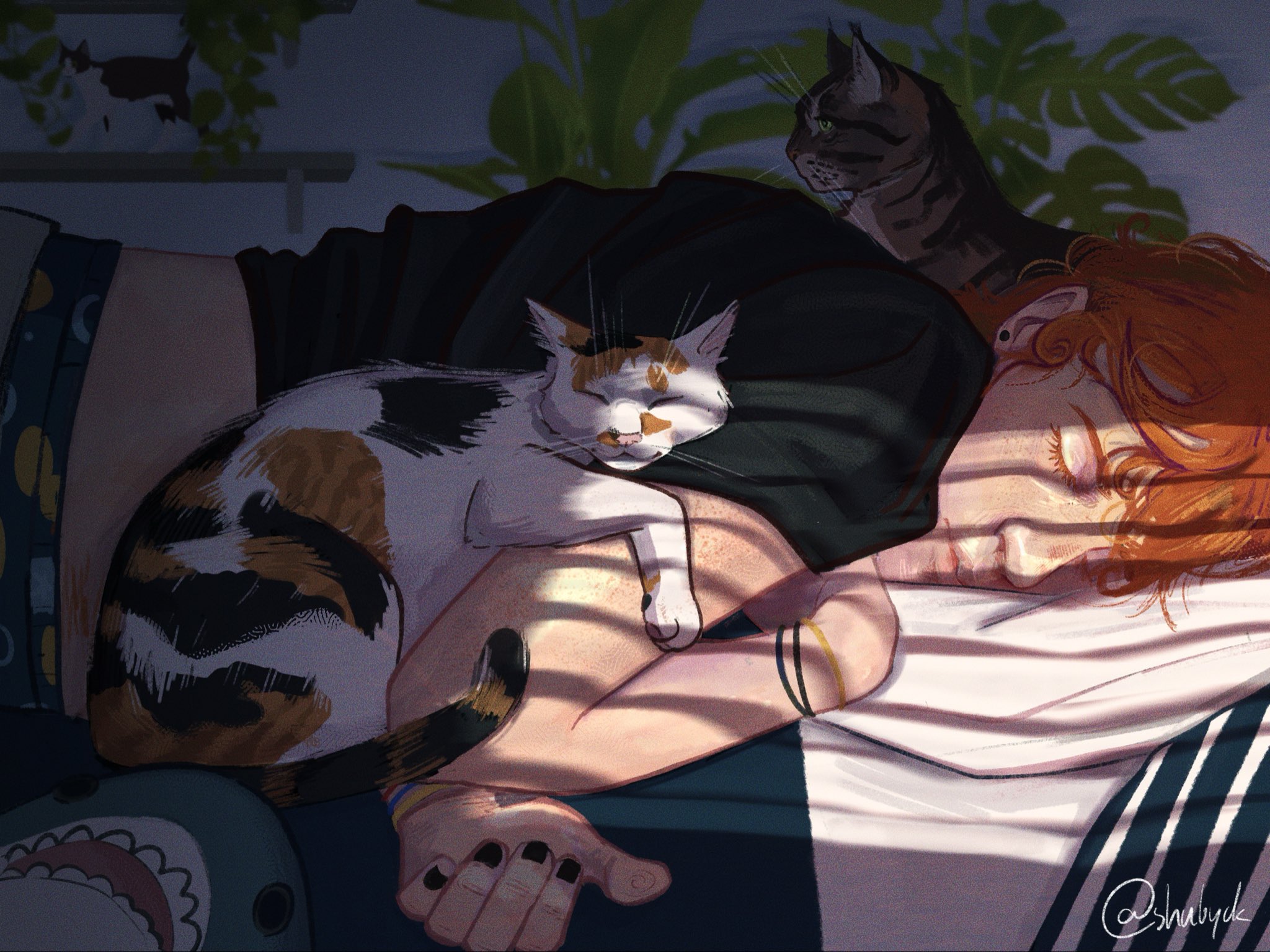 ikea shark, waterboy (dispatch), dispatch, commentary, english commentary, highres, 1boy, animal, black shirt, boxers, bracelet, brown cat, calico (pattern), calico cat, cat, closed mouth, colored eyelashes, earrings, indoors, jewelry, male focus, male underwear, midriff, orange hair, piercing, pillow, plant, potted plant, shelf, shirt, short hair, shubyck, sleeping, solo, stud earrings, stuffed animal, stuffed shark, stuffed toy, tabby cat, twitter username, underwear