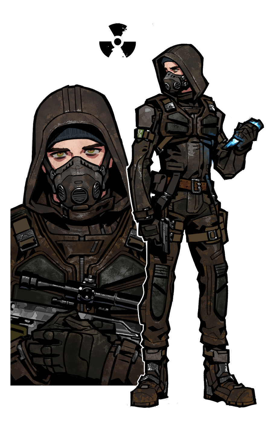 fukurau, stalker (game), stalker 2: heart of chornobyl, chinese commentary, commentary request, highres, 1boy, beanie, black gloves, black shirt, boots, brown boots, brown eyes, brown pants, full body, gloves, grey hat, gun, handgun, hat, holding, holding gun, holding weapon, hood, hood up, looking afar, looking at viewer, makarov pm, male focus, mask, multiple views, pants, radiation symbol, respirator, shirt, simple background, skif (stalker 2), weapon, white background