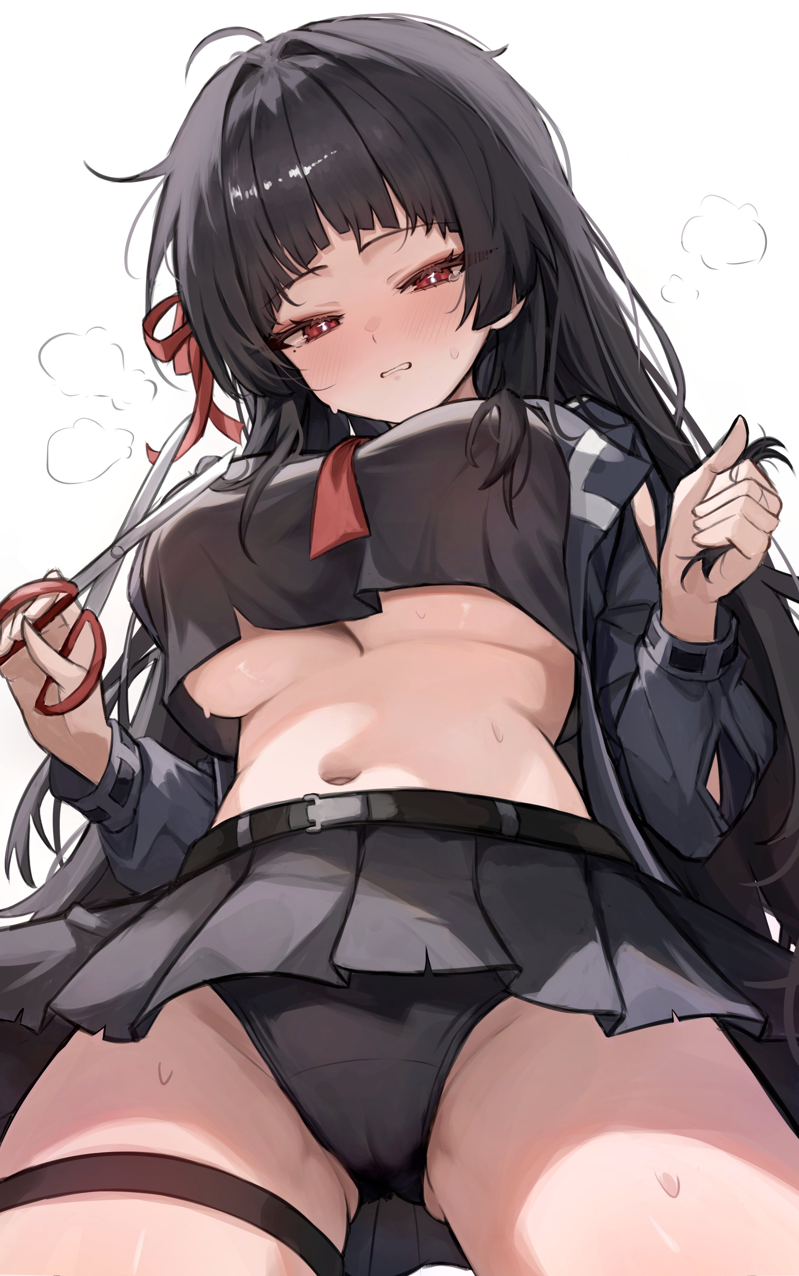 hoangryu, chisa (wuthering waves), wuthering waves, absurdres, commentary, highres, 1girl, alternate breast size (larger), arm cutout, black hair, black jacket, black panties, black serafuku, black skirt, blush, breasts, clothing cutout, crop top, cut bangs, embarrassed, from below, half-closed eyes, holding, holding scissors, jacket, large breasts, long hair, long sleeves, looking at viewer, looking down, miniskirt, mole, mole under eye, navel, panties, parted lips, red eyes, school uniform, scissors, serafuku, simple background, skirt, solo, stomach, sweat, thigh strap, thighs, underboob, underwear, upskirt, white background