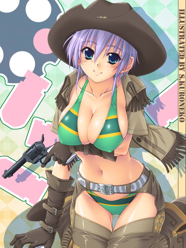 kuroneko sakon, studio tiara, alyssa, alyssa (kuroneko sakon), miss surfersparadise, original, commentary request, 1girl, bikini, blue eyes, breasts, chaps, cleavage, covered erect nipples, cowboy hat, cowboy western, elbow gloves, female focus, fringe trim, gloves, green bikini, gun, handgun, hat, kneeling, large breasts, pistol, purple hair, revolver, short hair, smile, solo, swimsuit, weapon