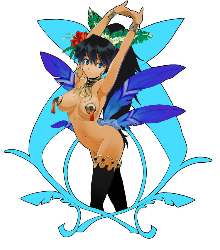 ysmmzr, ganaha hibiki, idolmaster, idolmaster (classic), bad id, bad pixiv id, 00s, 1girl, arched back, armpits, black hair, blue eyes, breasts, dark-skinned female, dark skin, earrings, feathers, female focus, flower, hair flower, hair ornament, hibiscus, hoop earrings, jewelry, navel, nude, pasties, ponytail, samba, smile, solo, tan, thighhighs