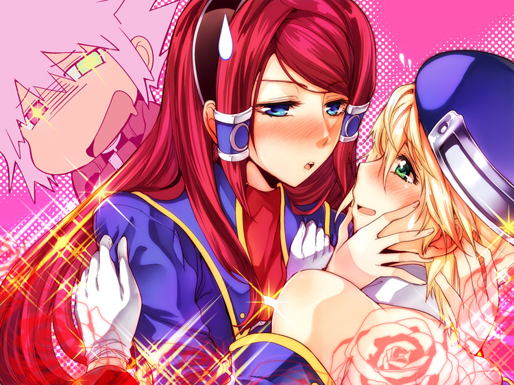 kawakami shuuichi, syu (no1zerg), noel vermillion, ragna the bloodedge, tsubaki yayoi, arc system works, blazblue, blazblue: continuum shift, bad id, bad pixiv id, + +, 2girls, beret, blonde hair, blue eyes, blush, dress, gloves, green eyes, hand on another's cheek, hand on another's face, hat, long hair, multiple girls, open mouth, red hair, short dress, short hair, sparkle, sweatdrop, white gloves, yuri