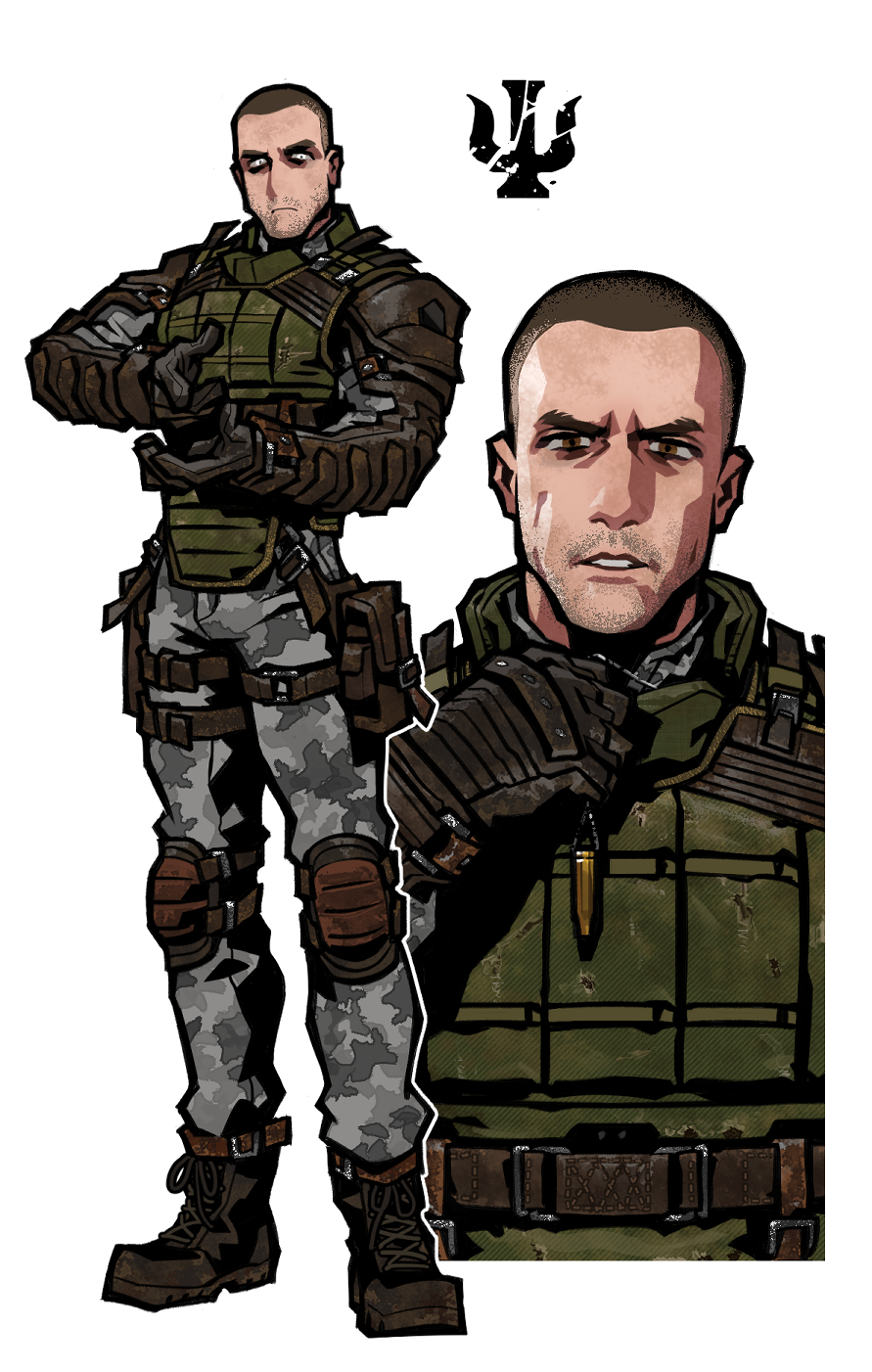 fukurau, stalker (game), stalker 2: heart of chornobyl, commentary request, highres, 1boy, beard stubble, black boots, black gloves, boots, brown eyes, brown hair, bulletproof vest, buzz cut, camouflage, closed mouth, facial hair, full body, gloves, grey pants, grey shirt, knee pads, looking at viewer, male focus, multiple views, pants, shell casing, shirt, short hair, shoulder pads, simple background, snow camouflage, standing, strider (stalker), stubble, very short hair, white background, white eyes