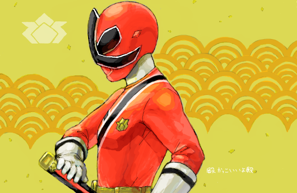 yapo (mess), yapo (pixiv), shinken red, samurai sentai shinkenger, super sentai, 1boy, fighting stance, helmet, male focus, profile, ready to draw, seigaiha, solo, upper body