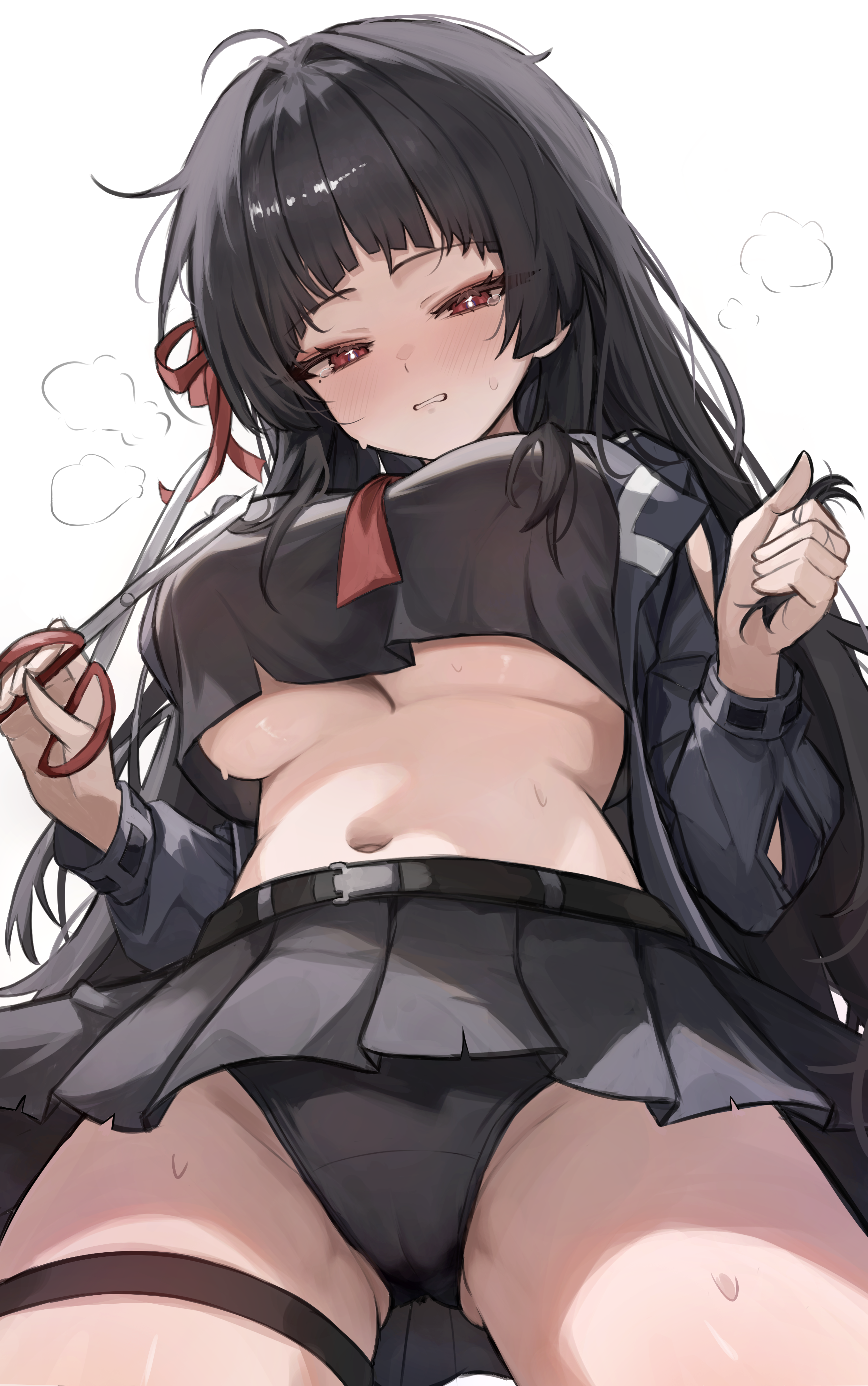 hoangryu, chisa (wuthering waves), wuthering waves, absurdres, commentary, highres, 1girl, alternate breast size (larger), arm cutout, black hair, black jacket, black panties, black serafuku, black skirt, blush, breasts, clothing cutout, crop top, cut bangs, embarrassed, from below, half-closed eyes, holding, holding scissors, jacket, large breasts, long hair, long sleeves, looking at viewer, looking down, miniskirt, mole, mole under eye, navel, panties, parted lips, red eyes, school uniform, scissors, serafuku, simple background, skirt, solo, stomach, sweat, thigh strap, thighs, underboob, underwear, upskirt, white background