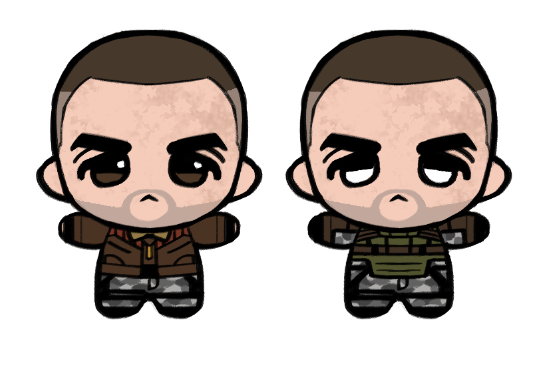 fukurau, stalker (game), stalker 2: heart of chornobyl, chinese commentary, commentary request, 1boy, :<, brown eyes, brown jacket, bulletproof vest, buzz cut, camouflage, chibi, chibi only, chibigurumi, closed mouth, full body, jacket, male focus, short hair, simple background, snow camouflage, solo, strider (stalker), t-pose, very short hair, white background, white eyes