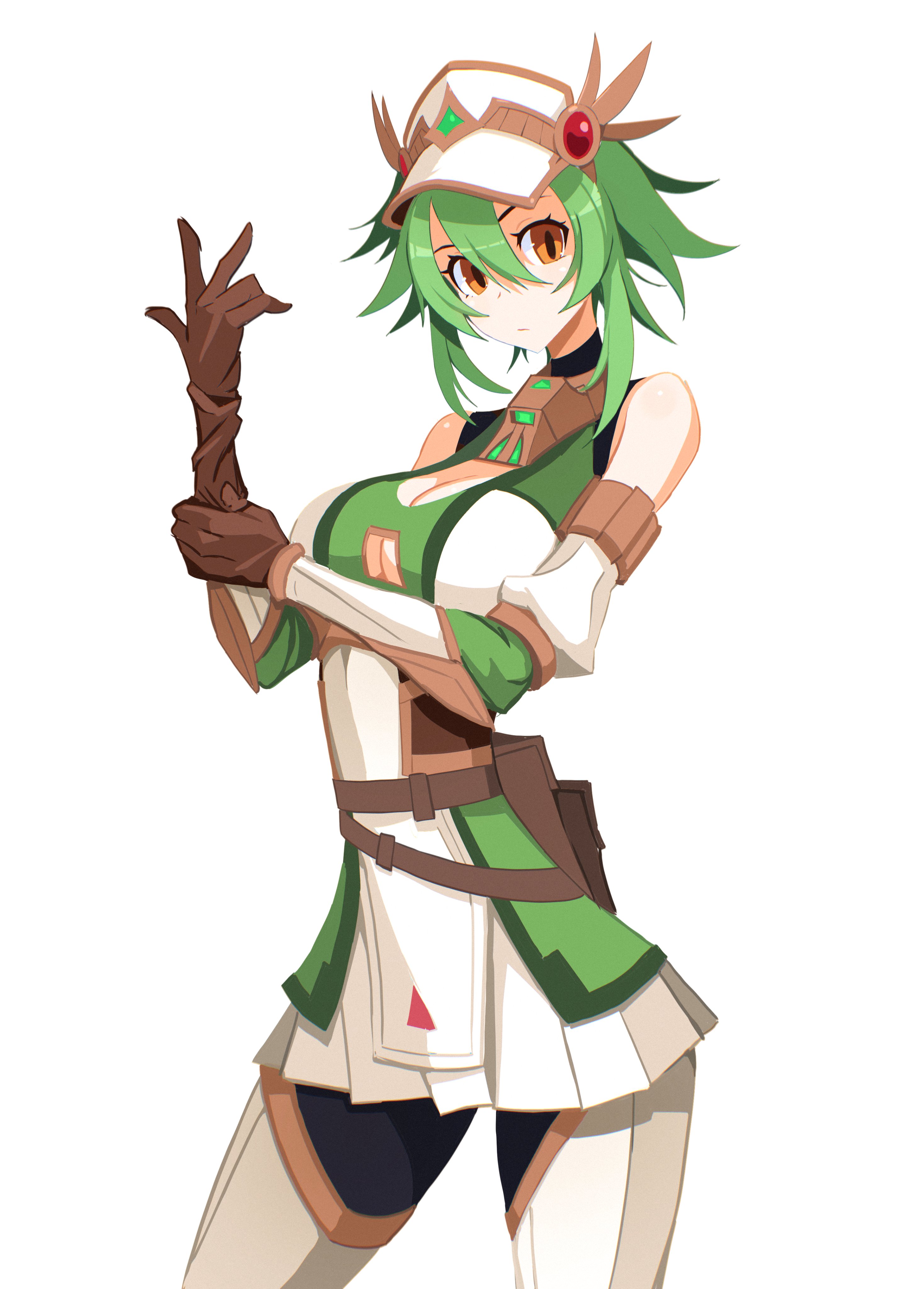 julianvanist, absurdres, character request, commission, highres, 1girl, adjusting clothes, adjusting gloves, bare shoulders, belt, belt pouch, bodysuit, bodysuit under clothes, boots, breasts, brown eyes, cleavage, contrapposto, dress, gloves, green hair, hands up, leather, leather gloves, looking at viewer, multiple belts, pouch, pout, short hair with long locks, simple background, thigh boots, two-tone dress, visor cap, white background, white boots, white dress