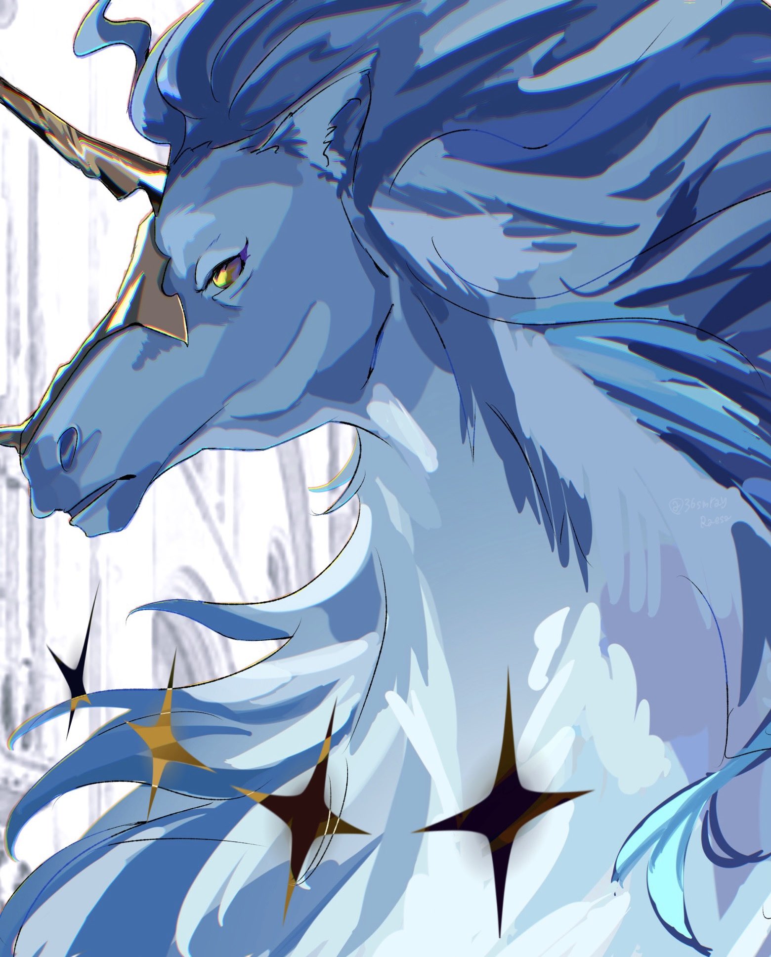 ray (36smray), imperator (wuthering waves), wuthering waves, commentary request, highres, animal, blue horse, from side, horns, horse, long horns, single horn, unicorn, yellow eyes, yellow horns