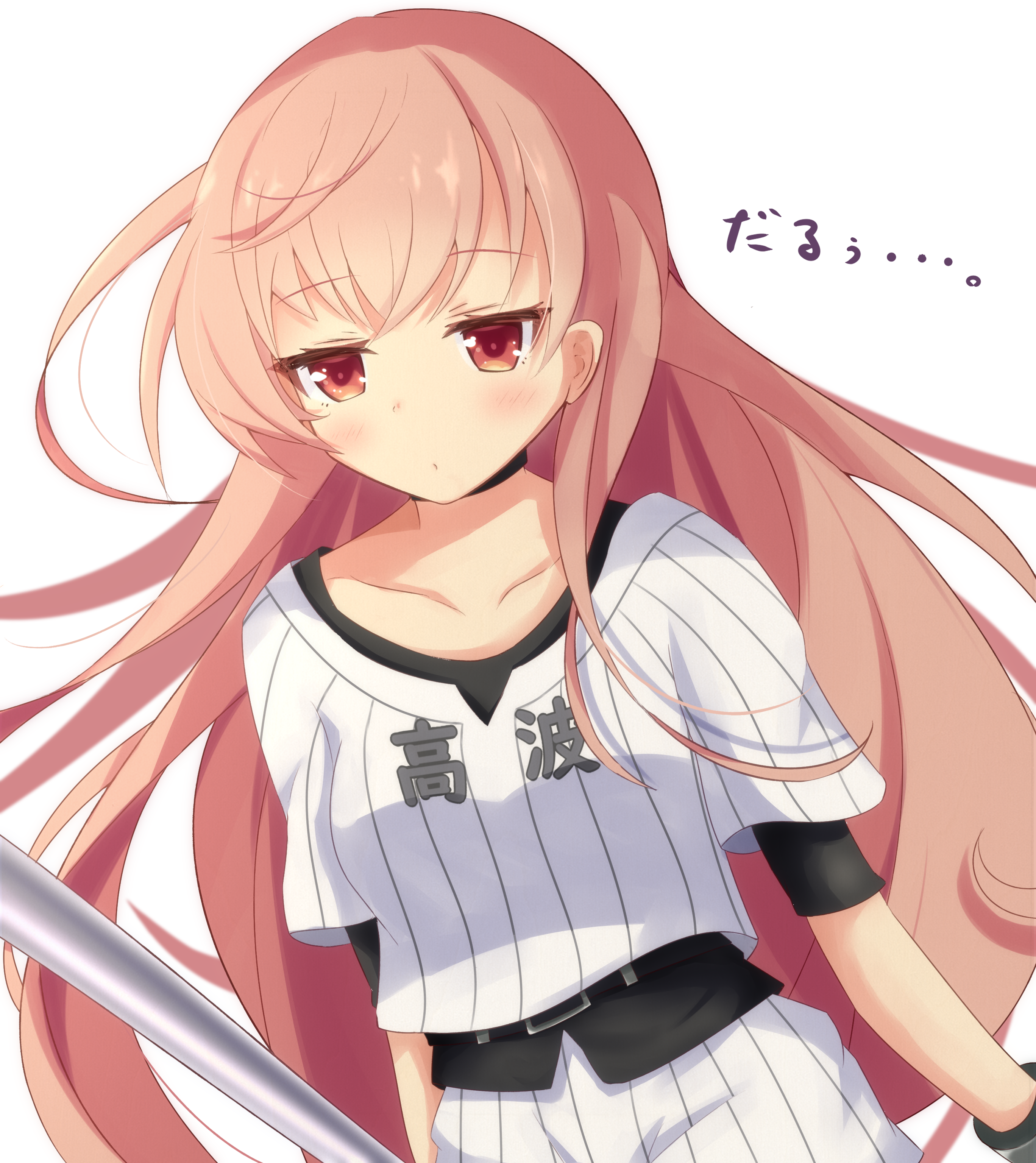 takki (crucifyex), cinderella series, hachigatsu no cinderella nine, absurdres, highres, translation request, 1girl, baseball bat, baseball uniform, belt, black belt, black choker, black shirt, choker, long hair, metal baseball bat, nakajou akina, pink hair, print shirt, red eyes, shirt, shirt under shirt, shorts, solo, sportswear, striped clothes, striped shirt, striped shorts, very long hair, white background, white shirt
