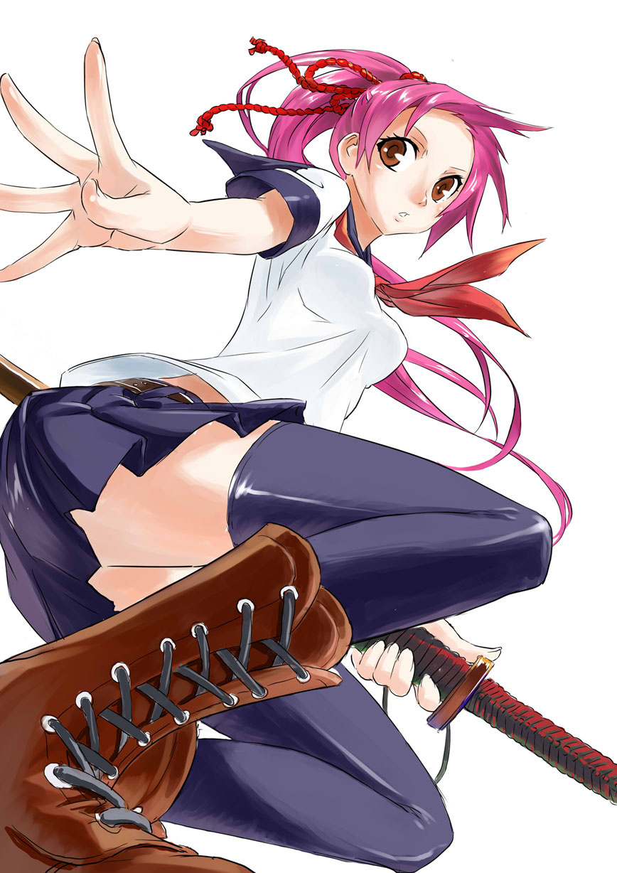 hk33, original, highres, 1girl, blue thighhighs, boots, breasts, brown eyes, female focus, from below, katana, perspective, pink hair, pleated skirt, ponytail, school uniform, serafuku, simple background, skirt, solo, sword, thighhighs, weapon, white background, zettai ryouiki