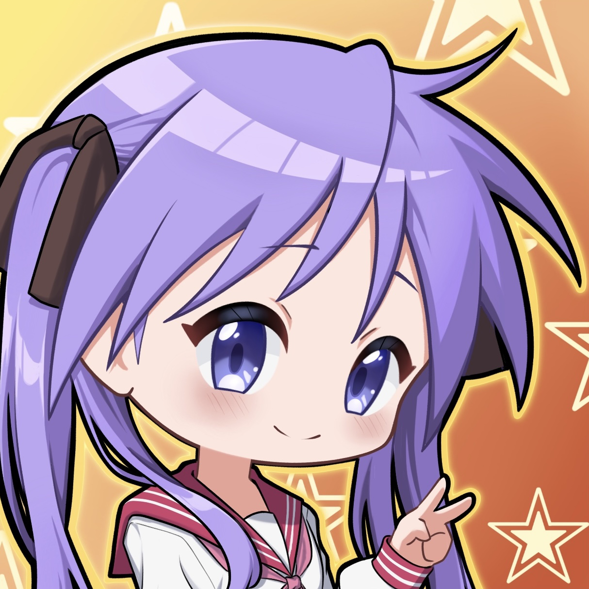 hiiragi kagami, lucky star, highres, 1girl, black bow, blush, bow, hair bow, jokeark01, looking at viewer, neckerchief, orange background, pink neckerchief, purple eyes, purple hair, red sailor collar, ryouou school uniform, sailor collar, school uniform, serafuku, shirt, smile, star (symbol), star symbol background, twintails, v, white shirt