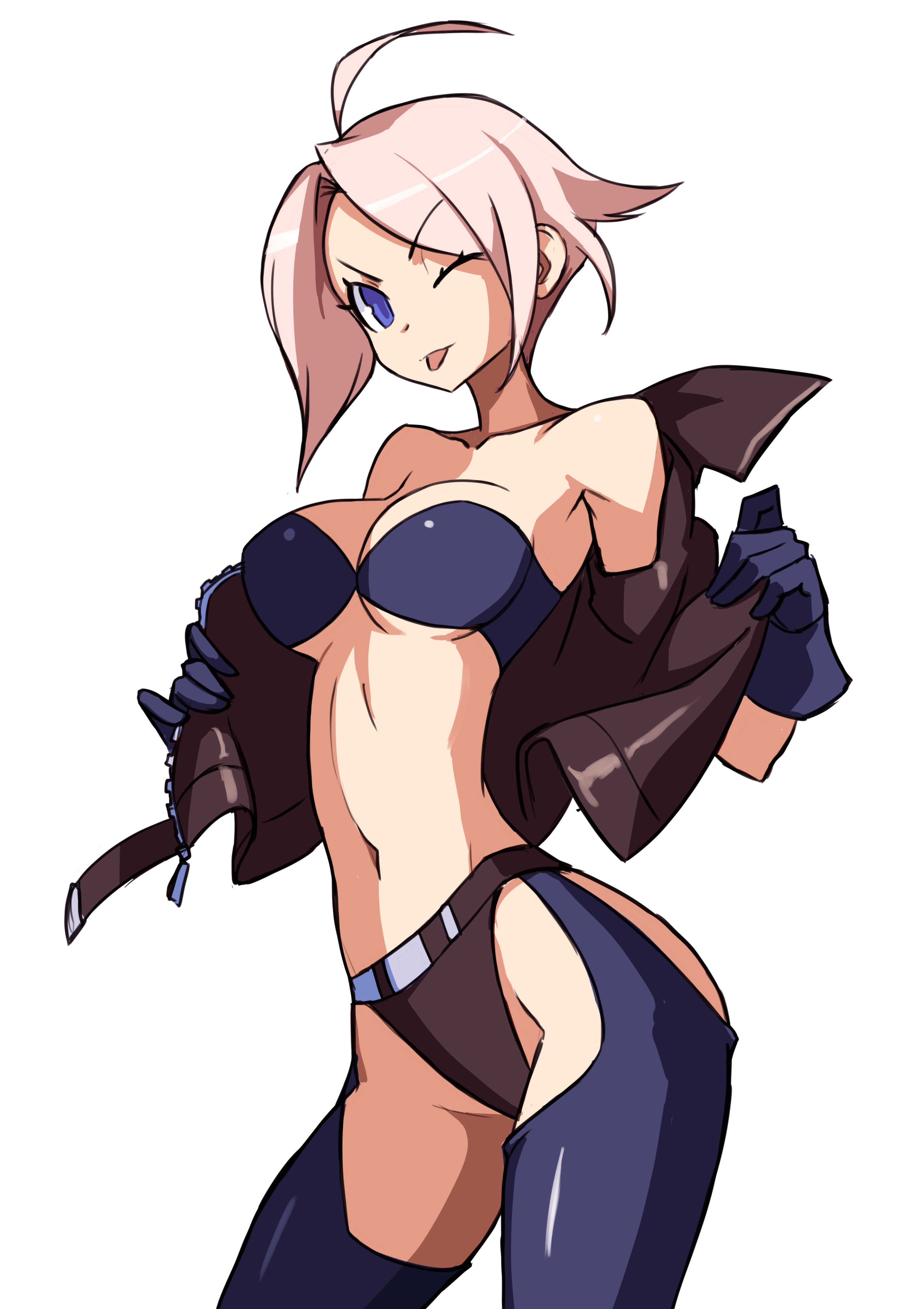 julianvanist, angel (kof), absurdres, highres, 1girl, ;p, backless pants, blue eyes, blue gloves, breasts, chaps, contrapposto, cropped jacket, gloves, jacket, leather, leather jacket, looking at viewer, midriff, navel, one eye closed, open clothes, open jacket, panties, pants, short hair, simple background, tongue, tongue out, underwear, w arms, white background, white hair