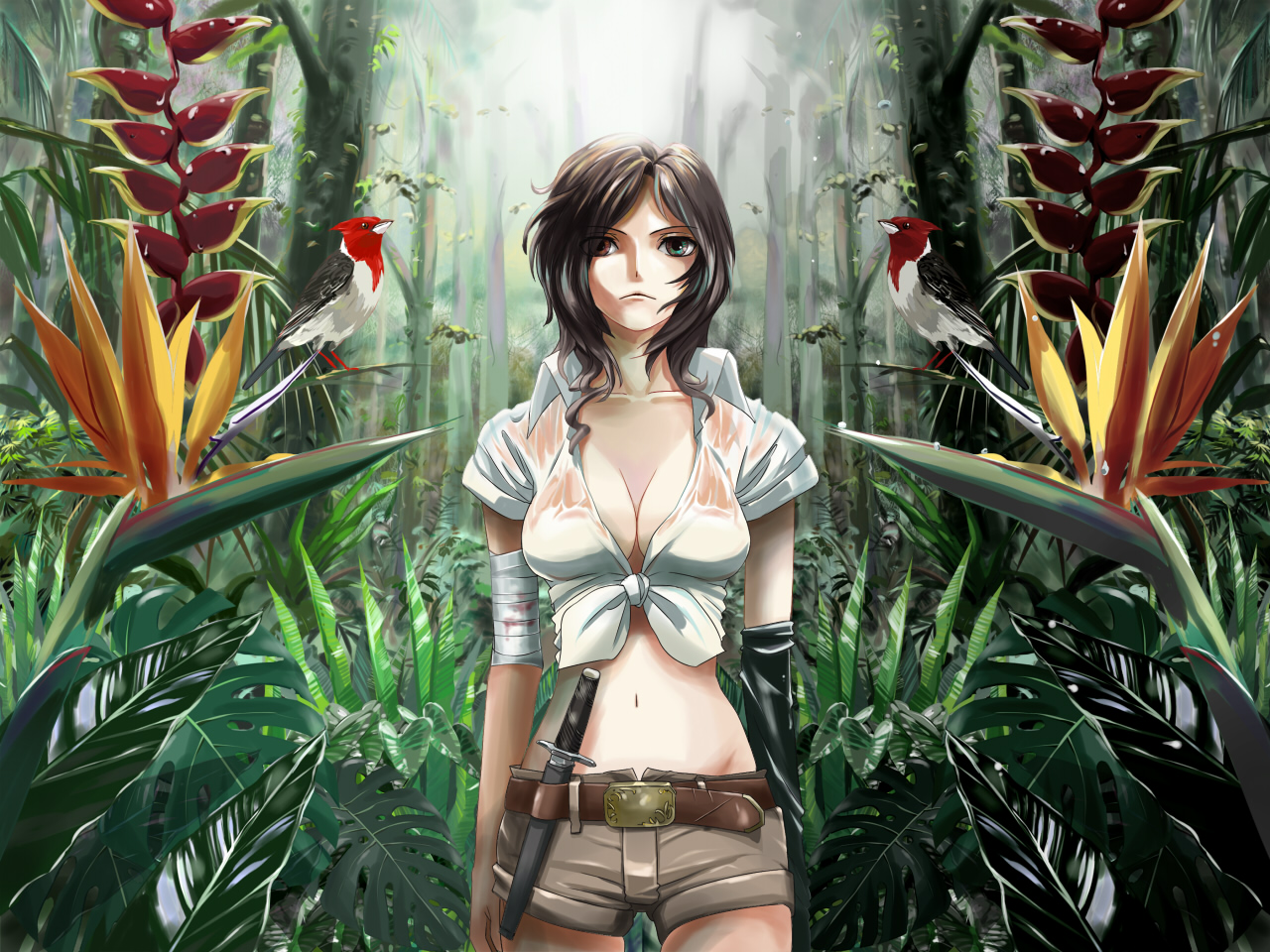 haya-g, ikusotsu, meiko (vocaloid), vocaloid, 1girl, bandages, belt, bird, bird of paradise flower, breasts, cleavage, female focus, flower, forest, front-tie top, heterochromia, jungle, knife, large breasts, midriff, nature, navel, shirt, shorts, solo, tied shirt