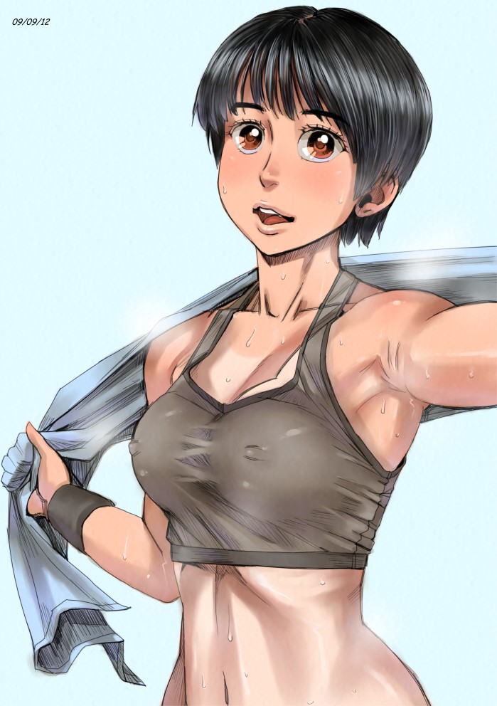 zenkou, ayumu (zenkou), original, 1girl, armpits, bare shoulders, black hair, blue background, blush, breasts, covered erect nipples, dated, female focus, lips, looking at viewer, midriff, navel, one-piece tan, open mouth, orange eyes, outstretched arms, shiny skin, short hair, simple background, small breasts, solo, sports bra, spread arms, sweat, tan, tanline, taut clothes, towel, towel around neck, wristband