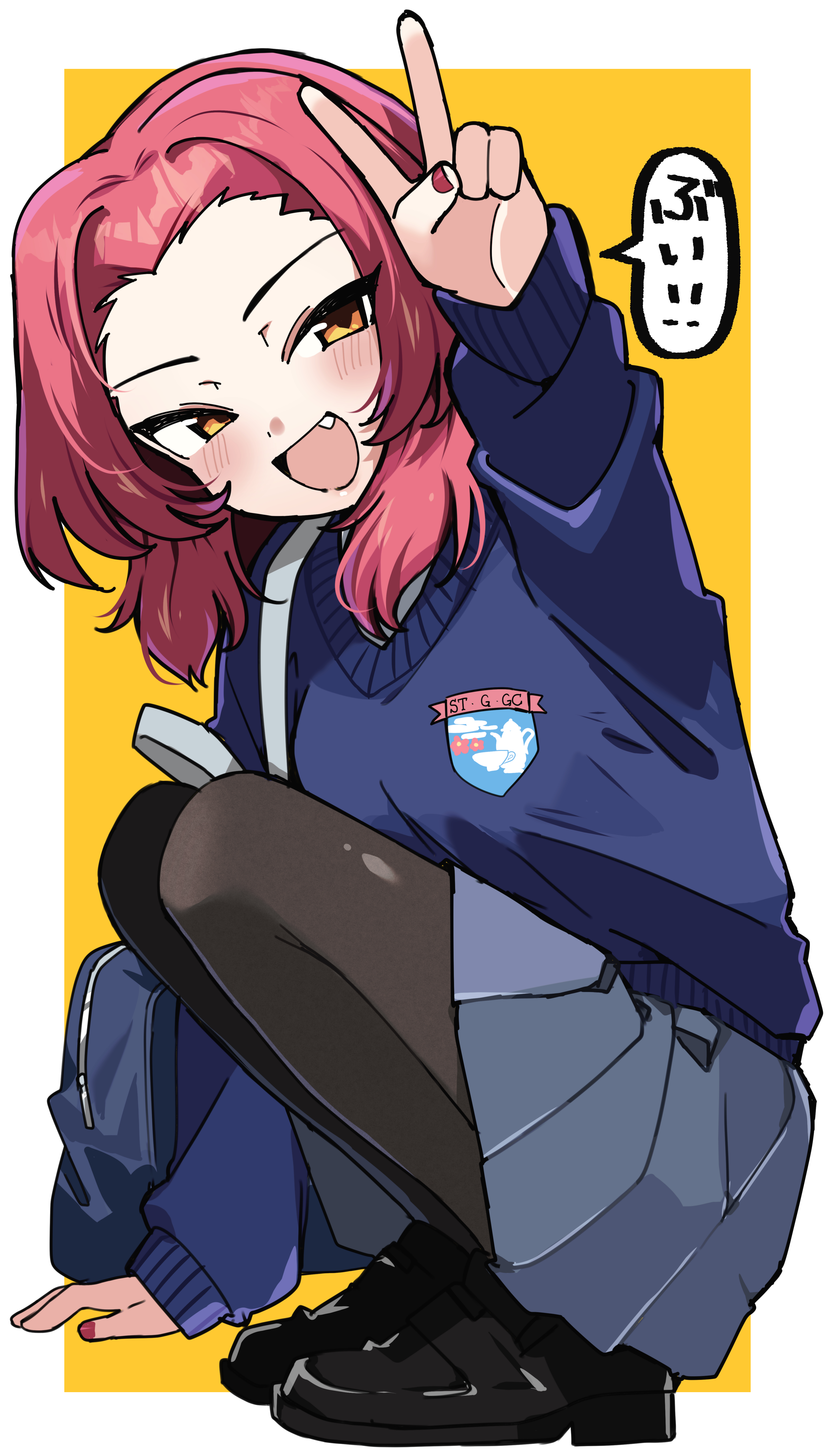zono (inokura syuzo029), rosehip (girls und panzer), girls und panzer, absurdres, highres, 1girl, bag, black pantyhose, black shoes, blue skirt, blue sweater, emblem, fang, full body, loafers, long sleeves, looking at viewer, medium hair, miniskirt, open mouth, orange eyes, pantyhose, pleated skirt, red hair, school bag, school uniform, shoes, skirt, smile, solo, squatting, st. gloriana's (emblem), st. gloriana's school uniform, sweater, v, v-neck, yellow background