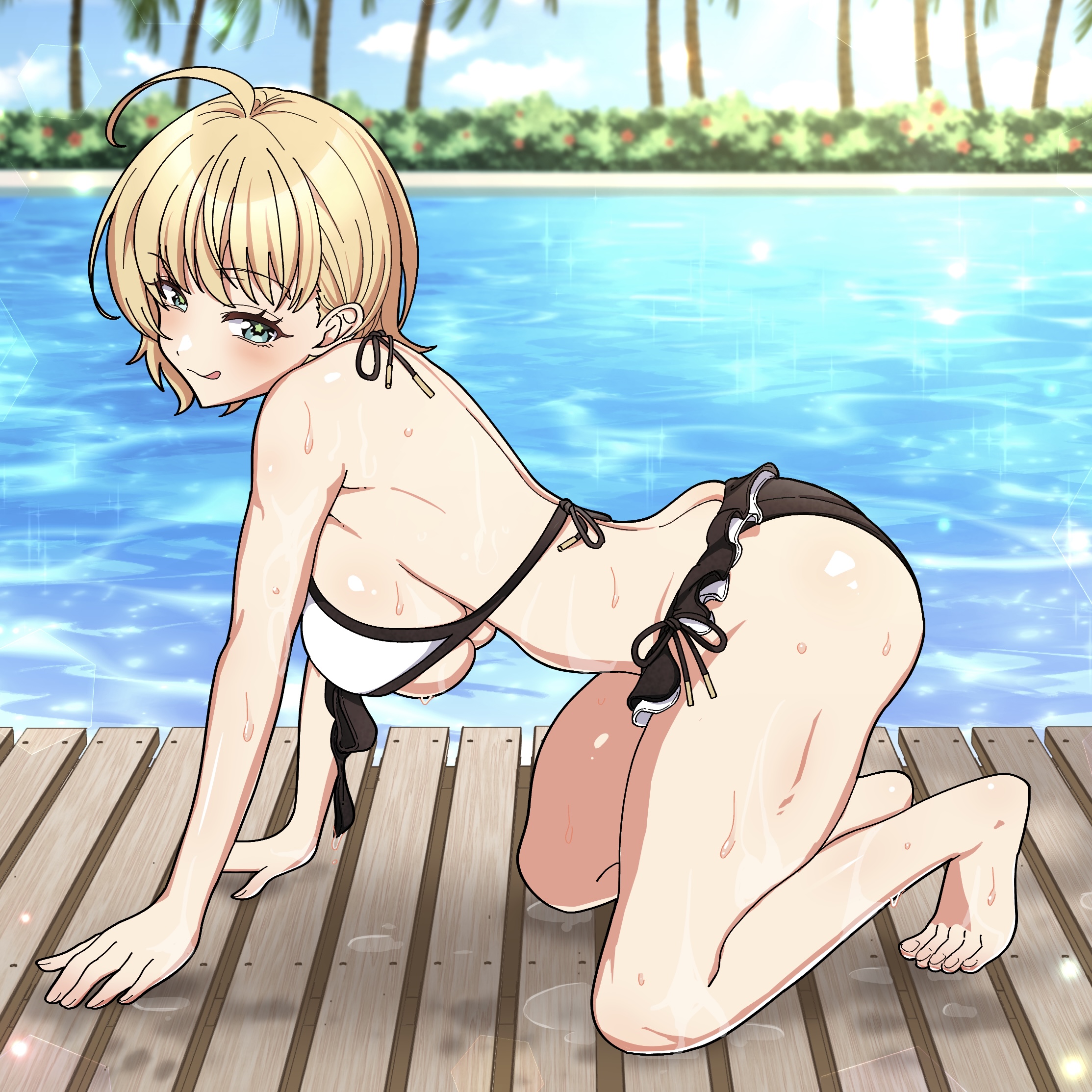 cinderella series, hachigatsu no cinderella nine, highres, 1girl, ahoge, all fours, aqua eyes, bikini, black bikini, blonde hair, breasts, closed mouth, large breasts, looking at viewer, multicolored bikini, nandemona89, nishinomiya arisu, outdoors, palm tree, pool, poolside, short hair, solo, star (symbol), star in eye, sweatdrop, swimsuit, symbol in eye, tongue, tongue out, tree, two-tone bikini, wet, white bikini