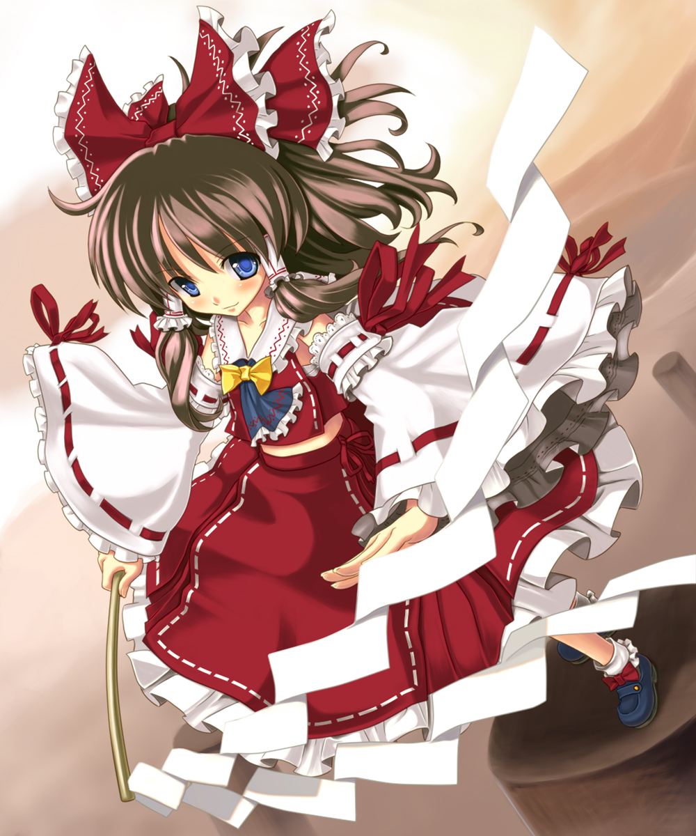 katahira masashi, popi (pixiv), vi (ena0930), hakurei reimu, subterranean animism, touhou, bad id, bad pixiv id, colorized, highres, 1girl, blue eyes, brown hair, female focus, ofuda, ribbon, solo