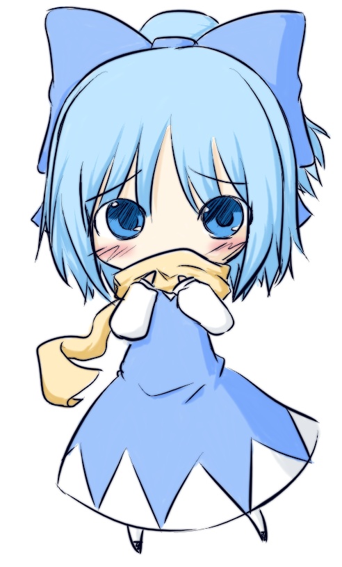 fuugetsu oreha ikiru, cirno, cirno-nee, perfect cherry blossom, touhou, 1girl, blue eyes, blue hair, blush, bow, chibi, female focus, full body, hair bow, long sleeves, matching hair/eyes, scarf, short hair, simple background, solo, white background