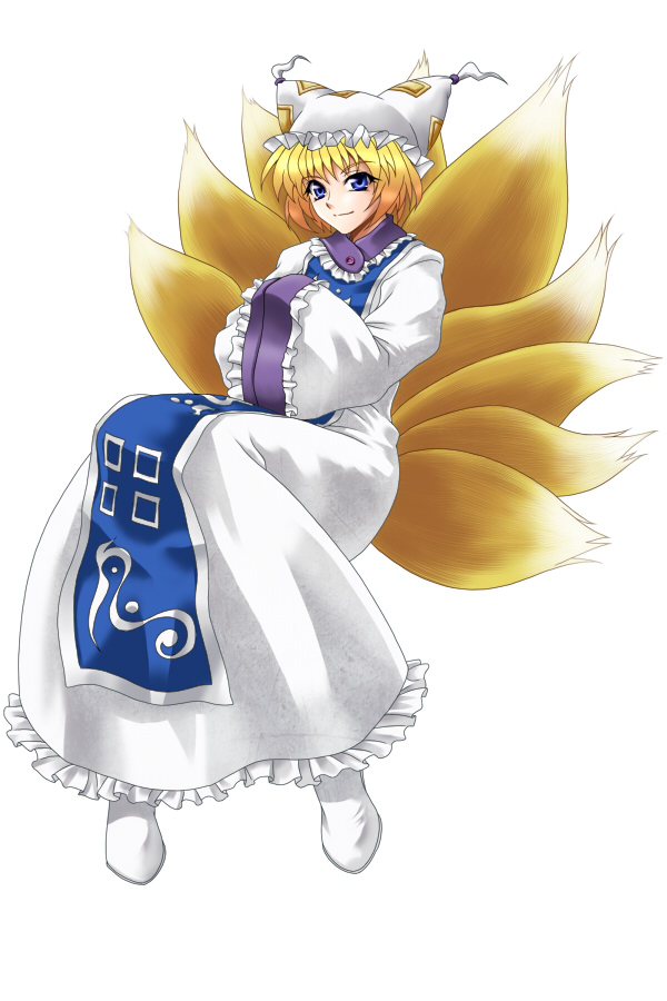 ootsuki wataru, yakumo ran, touhou, bad id, bad pixiv id, 1girl, blonde hair, blue eyes, female focus, fox tail, full body, hands in opposite sleeves, hat, multiple tails, short hair, simple background, solo, tail, white background