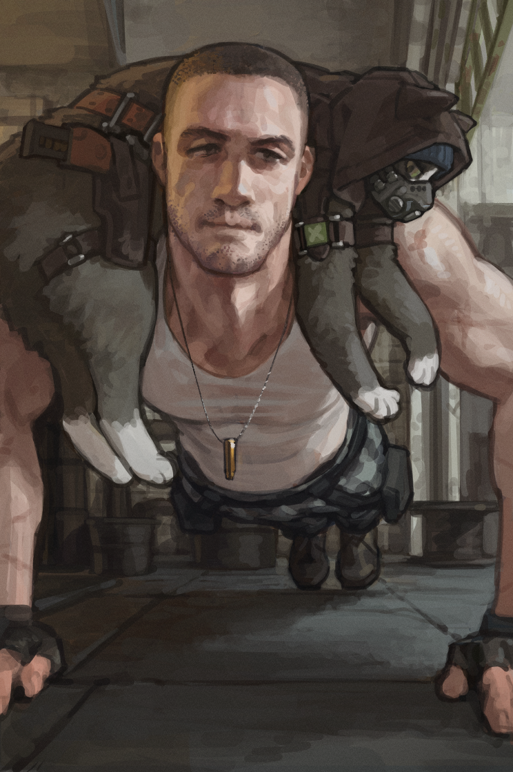 fukurau, stalker (game), stalker 2: heart of chornobyl, chinese commentary, commentary request, 1boy, animal, animal on shoulder, animalization, black gloves, boots, brown hair, buzz cut, cat, cat on shoulder, closed mouth, coat, exercising, fingerless gloves, full body, gloves, grey boots, grey coat, grey pants, gun, handgun, indoors, male focus, mask, pants, push-ups, respirator, shell casing, short hair, skif (stalker 2), smile, solo, strider (stalker), tank top, very short hair, weapon, white tank top