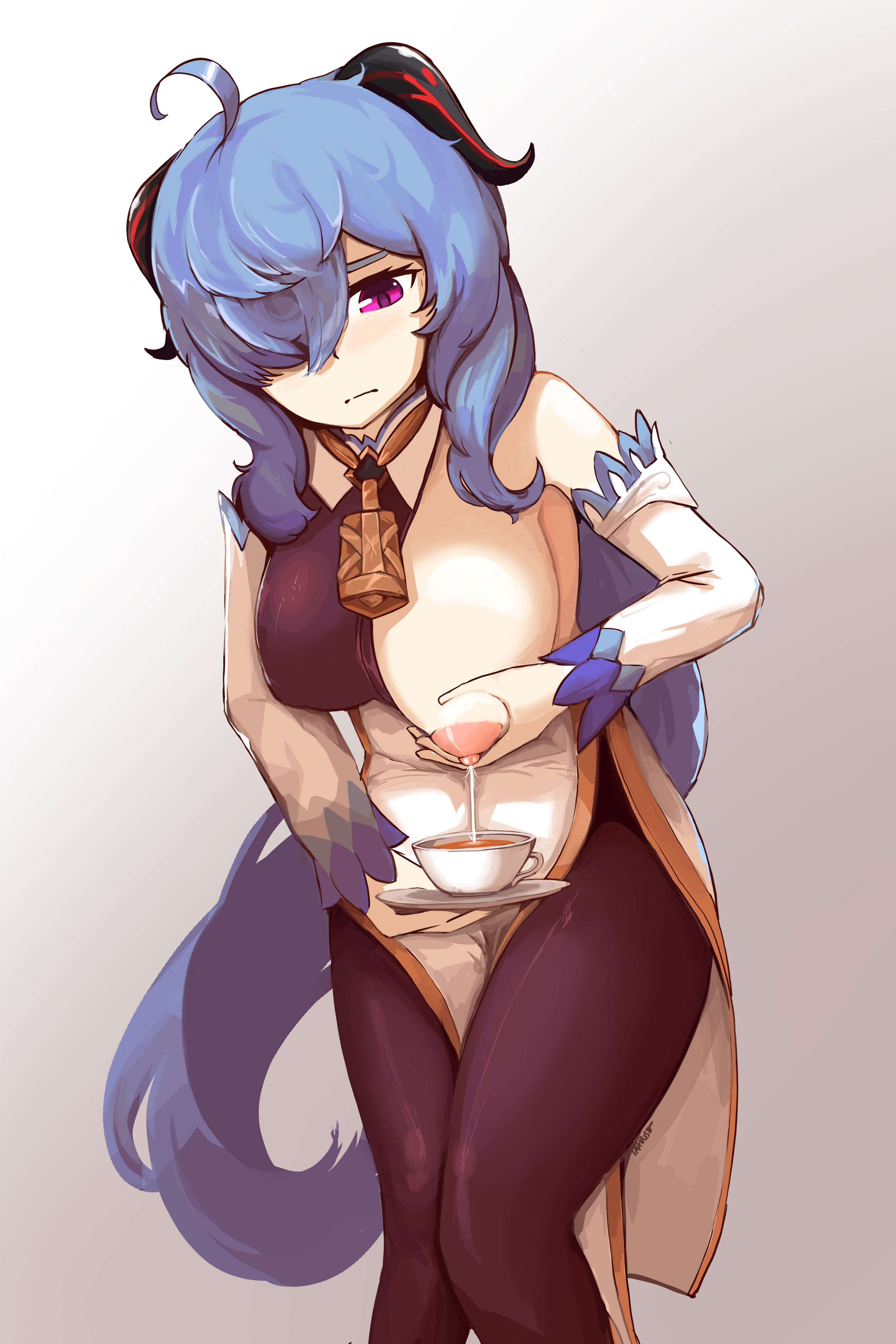 taphris, ganyu (genshin impact), genshin impact, absurdres, commentary, english commentary, highres, large variant set, variant set, 1girl, ahoge, bare shoulders, bell, black gloves, black pantyhose, blue hair, breast milk in container, breasts, cup, detached sleeves, gloves, goat horns, horns, lactating into container, lactation, large breasts, long hair, looking at viewer, medium breasts, neck bell, one breast out, pantyhose, purple eyes, sidelocks, solo, teacup, white background