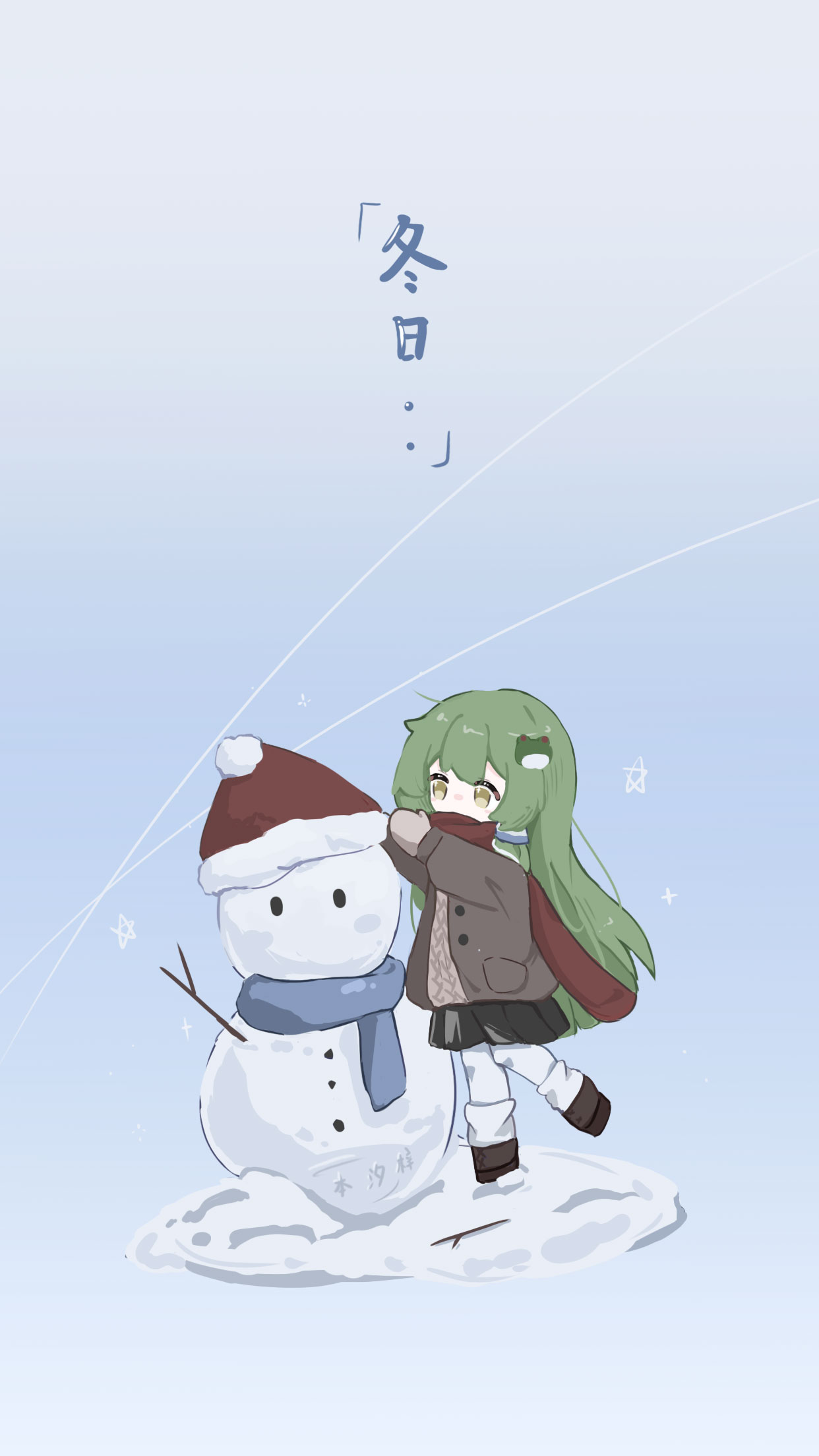 kochiya sanae, touhou, commentary request, highres, translation request, 1girl, black shoes, black skirt, blue scarf, branch, brown jacket, brown sweater, chibi, frog hair ornament, green hair, hair ornament, hair tubes, hat, jacket, long hair, long sleeves, mittens, pantyhose, pleated skirt, red scarf, sansan (user gdav7873), santa hat, scarf, shoes, single hair tube, skirt, snow, snowman, solo, sweater, white pantyhose, yellow eyes